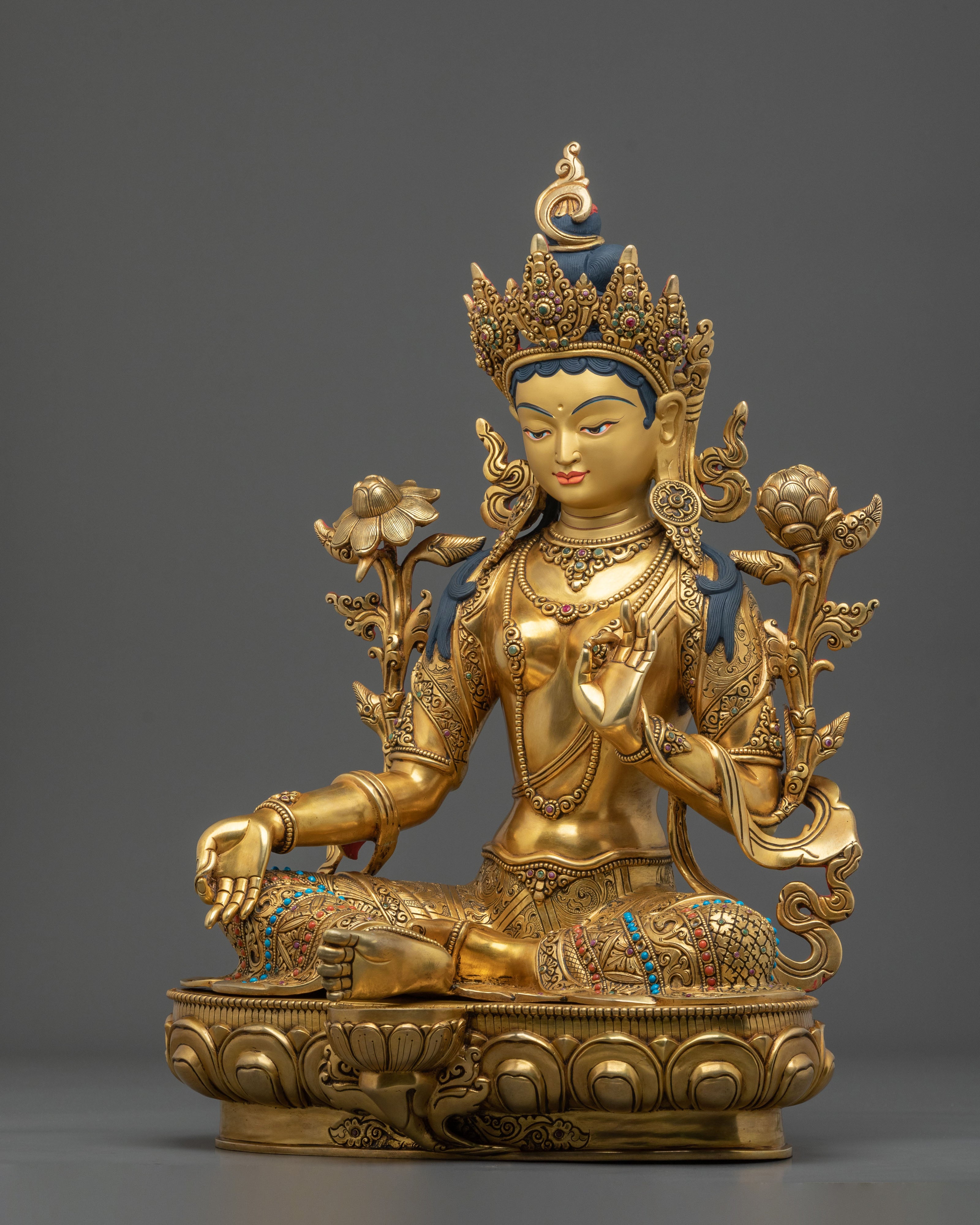Tibetan Protector Figurine Green Tara in 24K Gold Gilded Copper