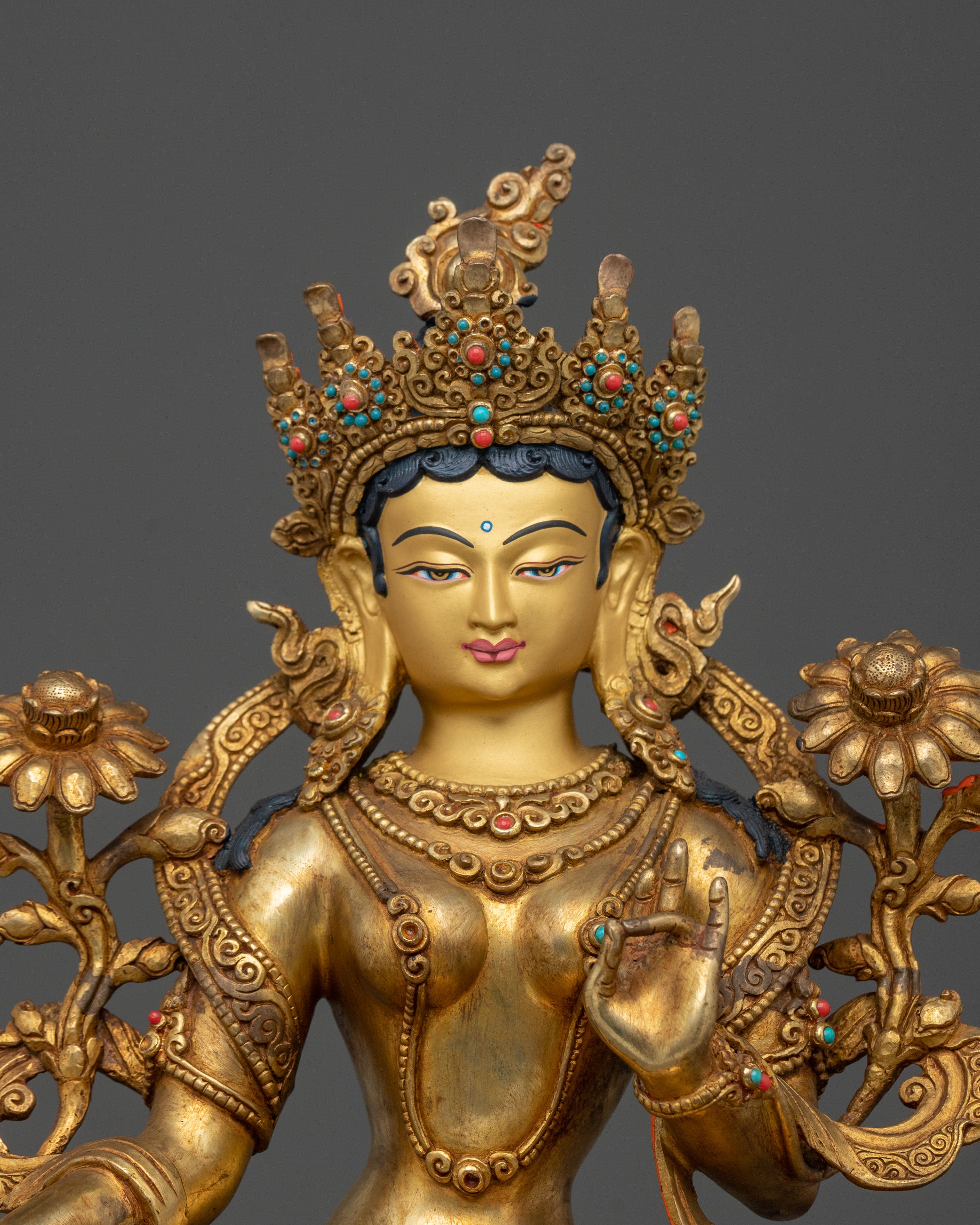 Green Tara Fire Gold Gilded Statue | Made in Nepal