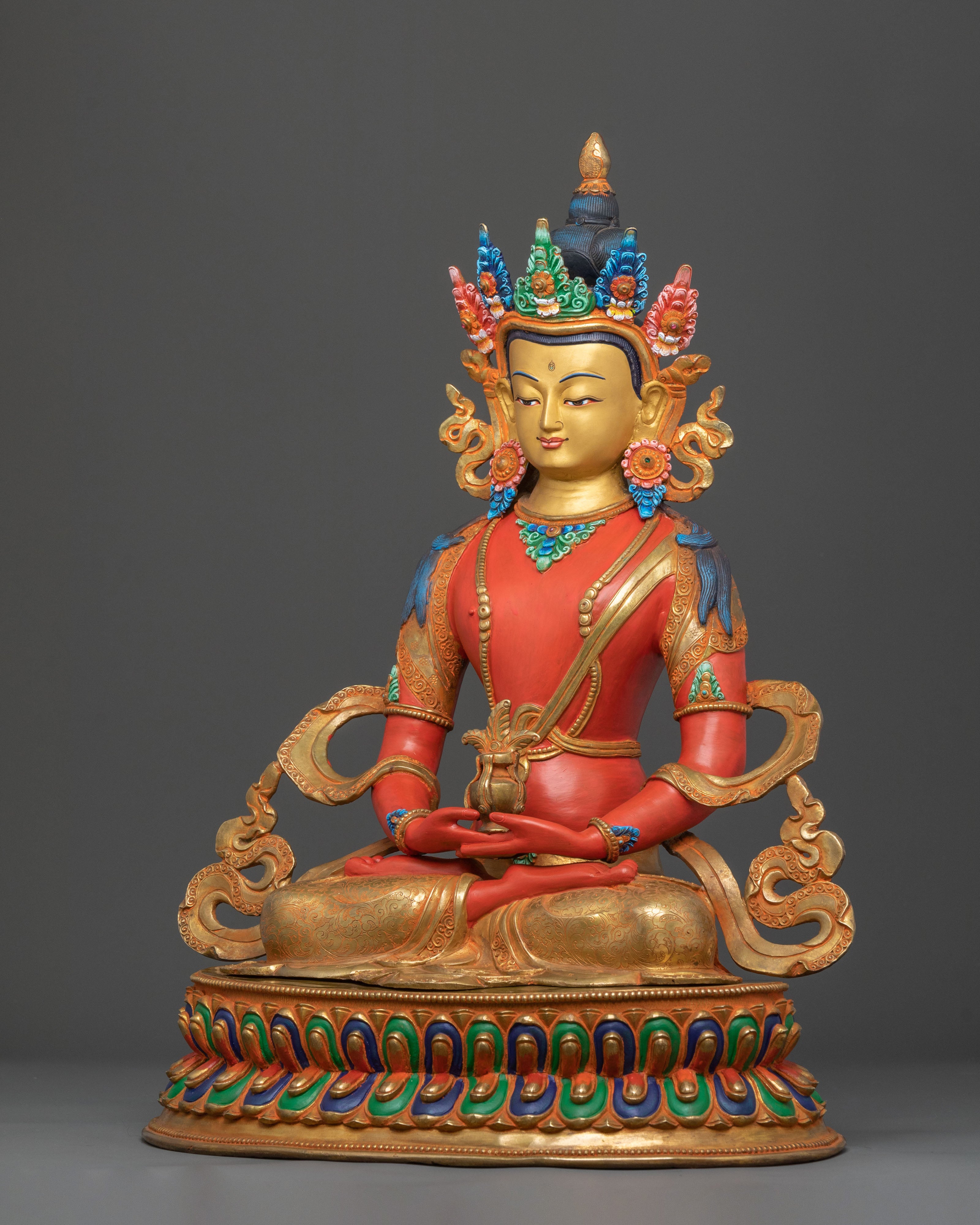 Amitayus Statue Tsepakme: 24K Gold Gilded Copper