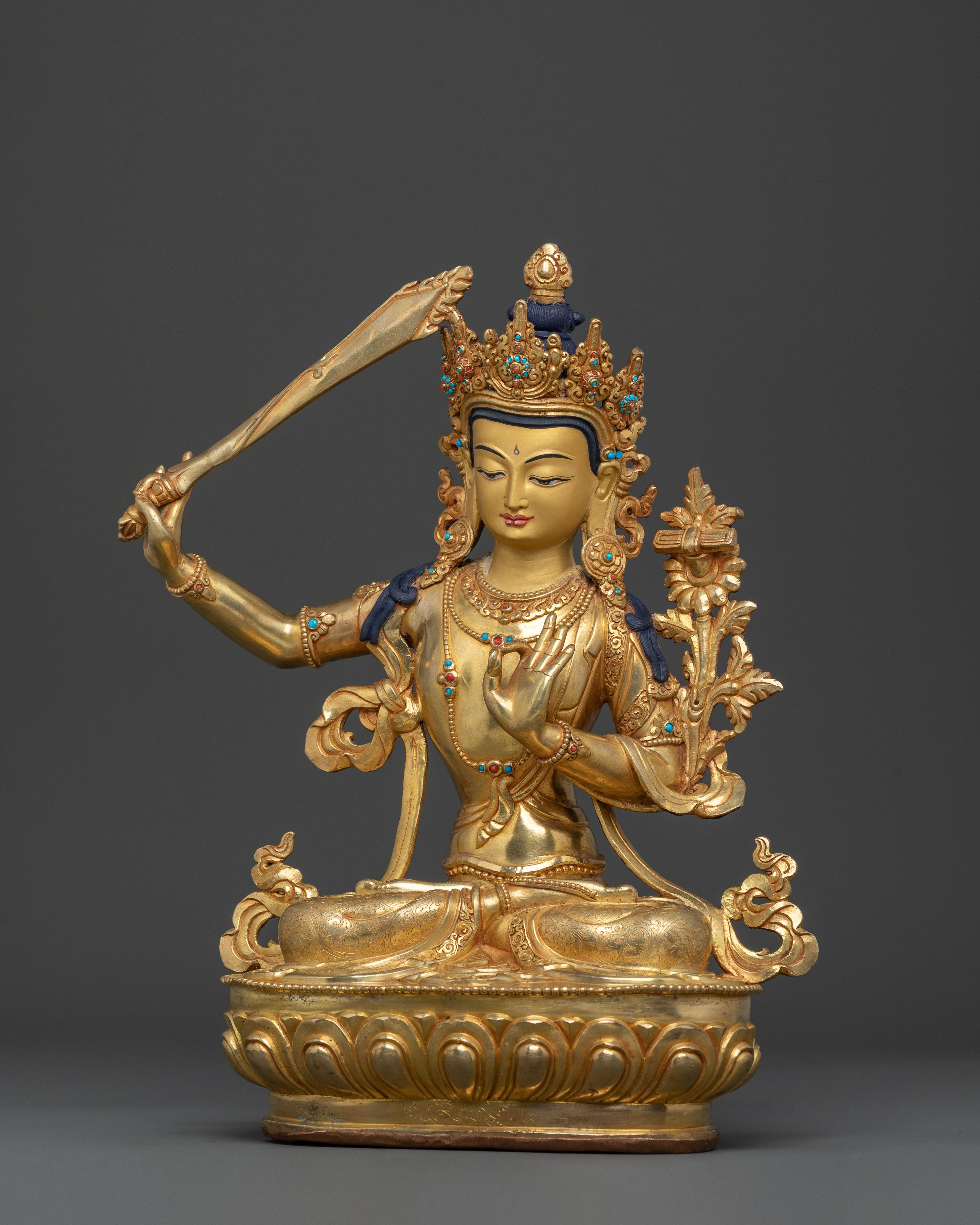 24K Gold Gilded Manjushri Sculpture: Sword of Wisdom