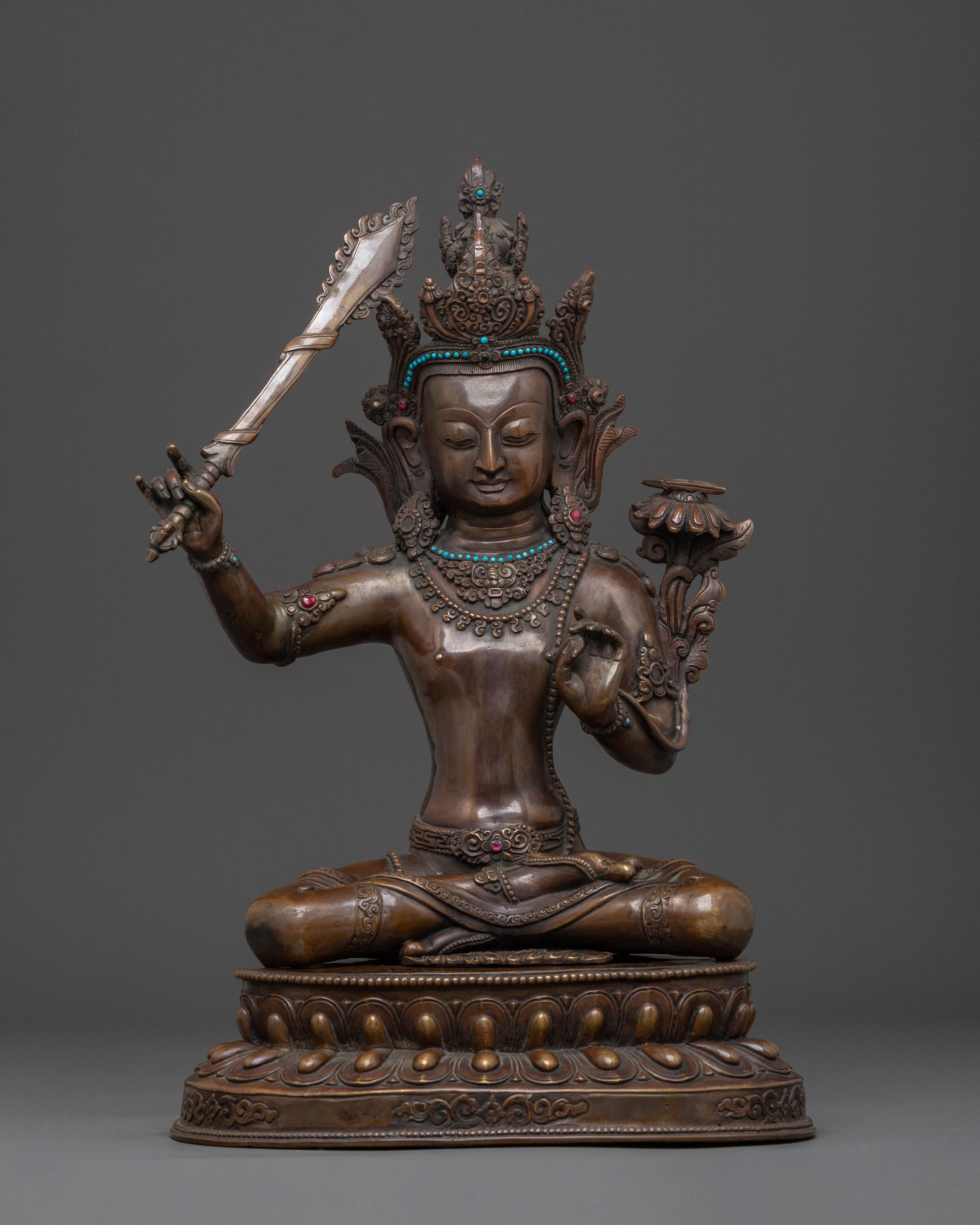 Wisdom Statue of Manjushri: Oxidized Copper Figurine