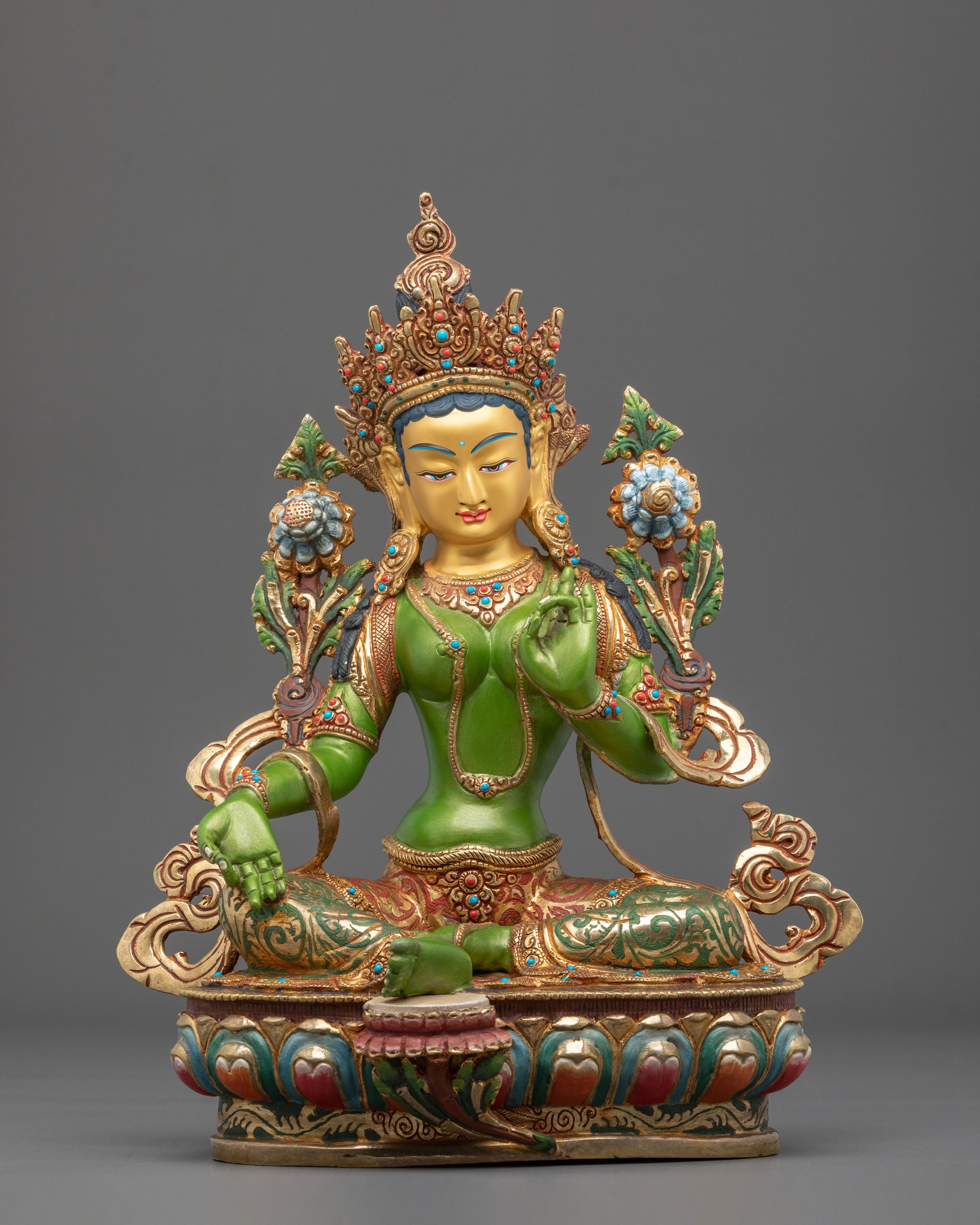 Traditional Green Tara Golden Statue | Tibetan Buddhist Compassion Deity