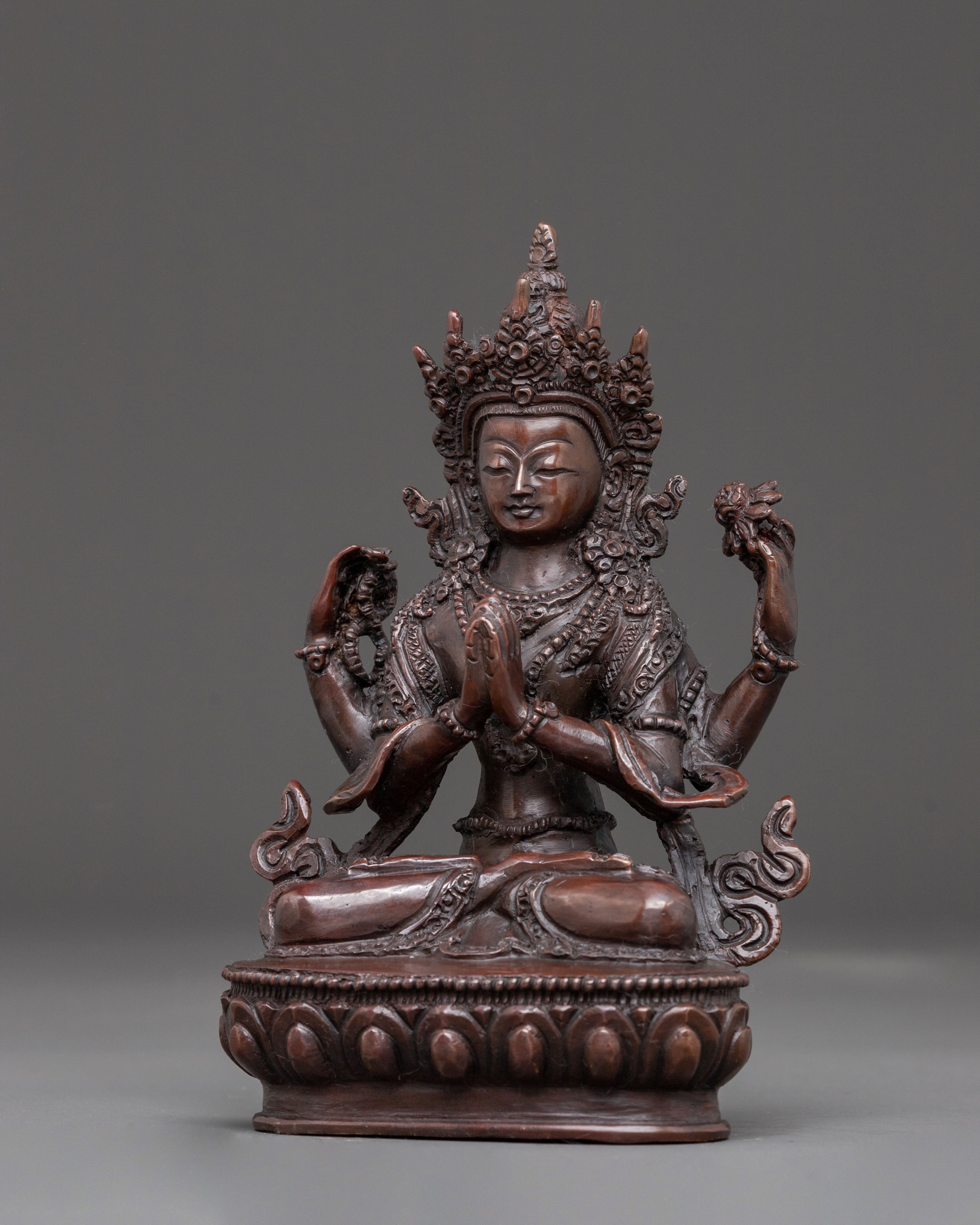 Handcrafted Chenrezig Oxidized Copper Statue | Meditation Altar Decor
