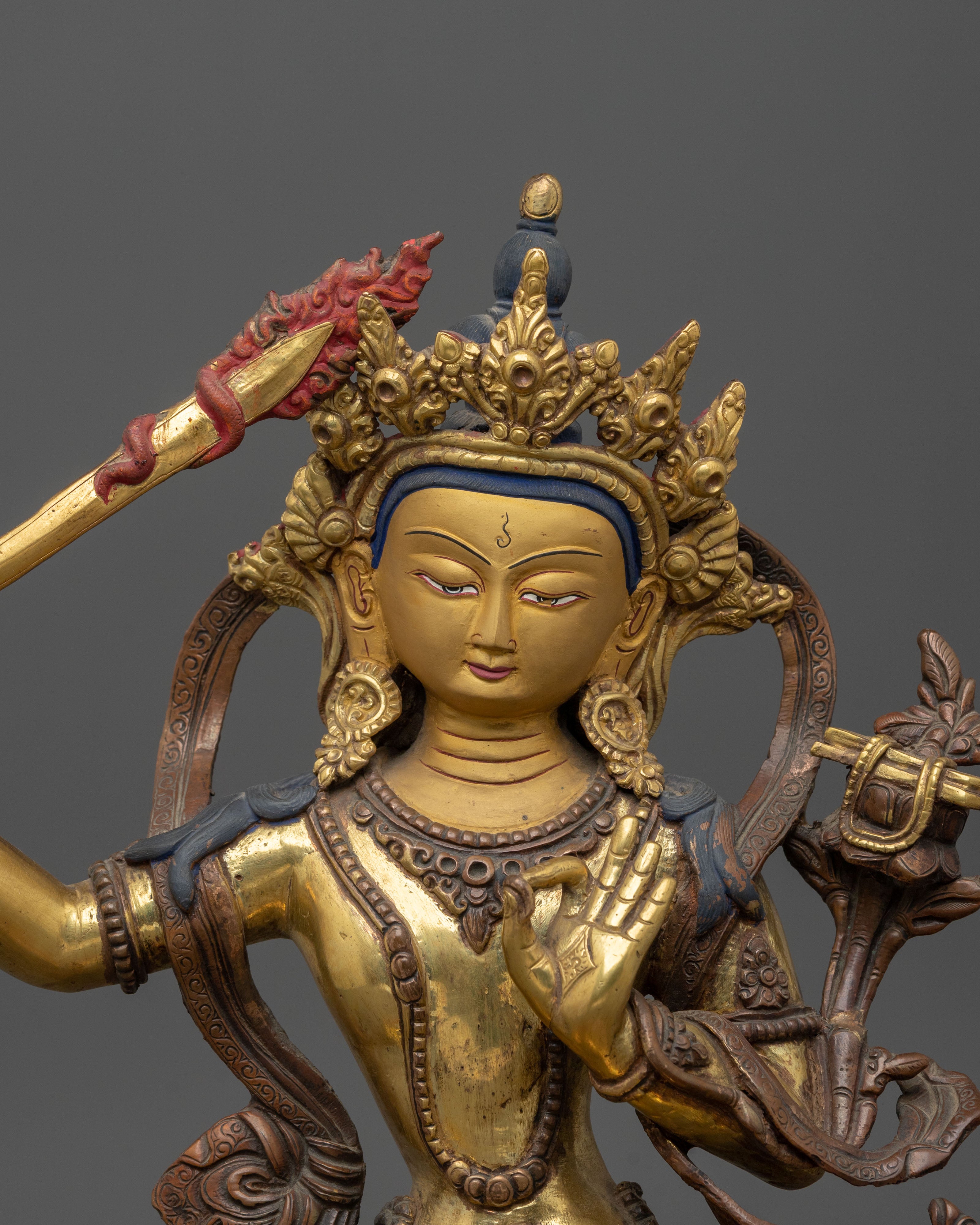 Manjushri Sacred Statue for Altar - 24K Gold Gilded