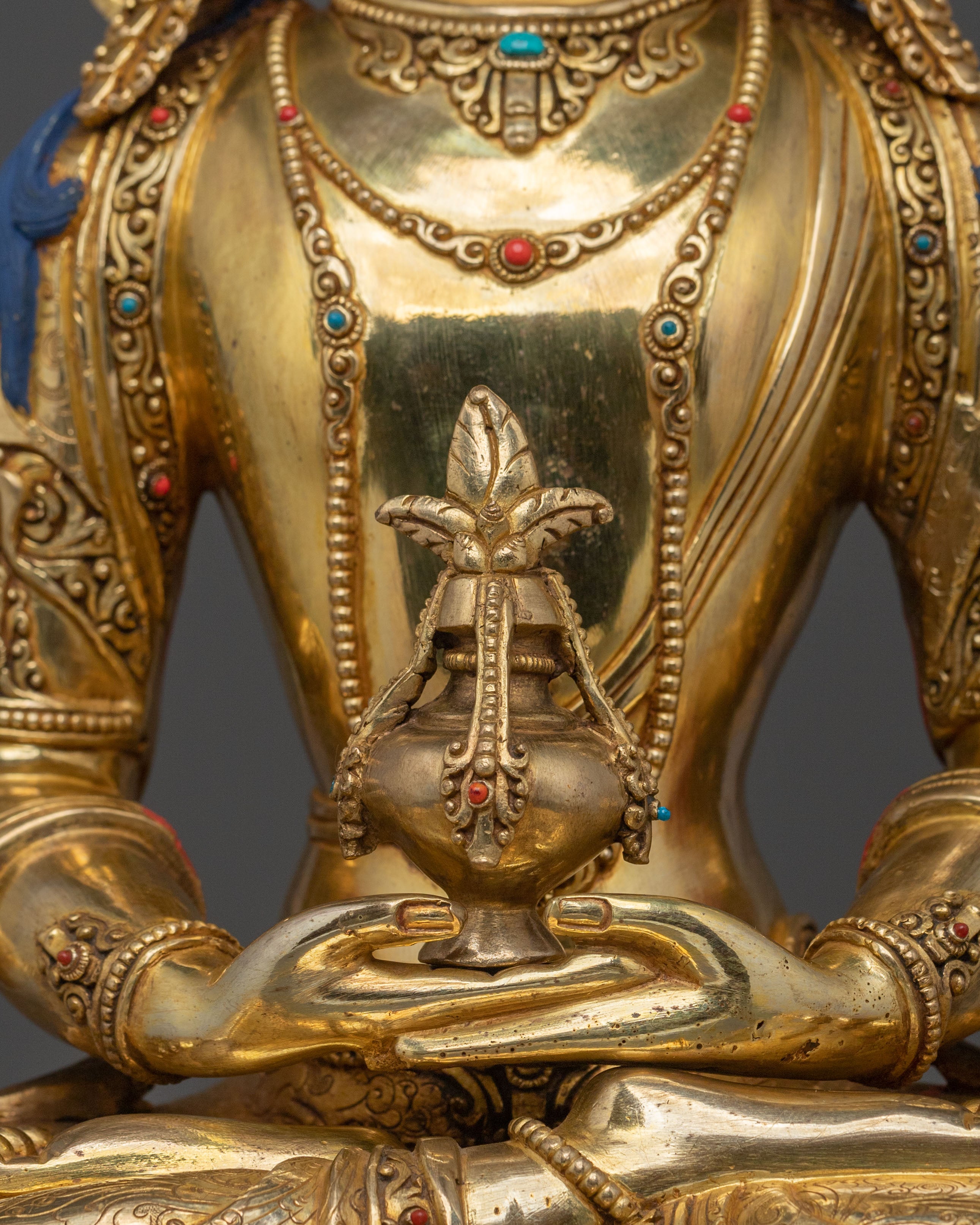 Tibetan Amitayus Traditional Sculpture in 24K Gold