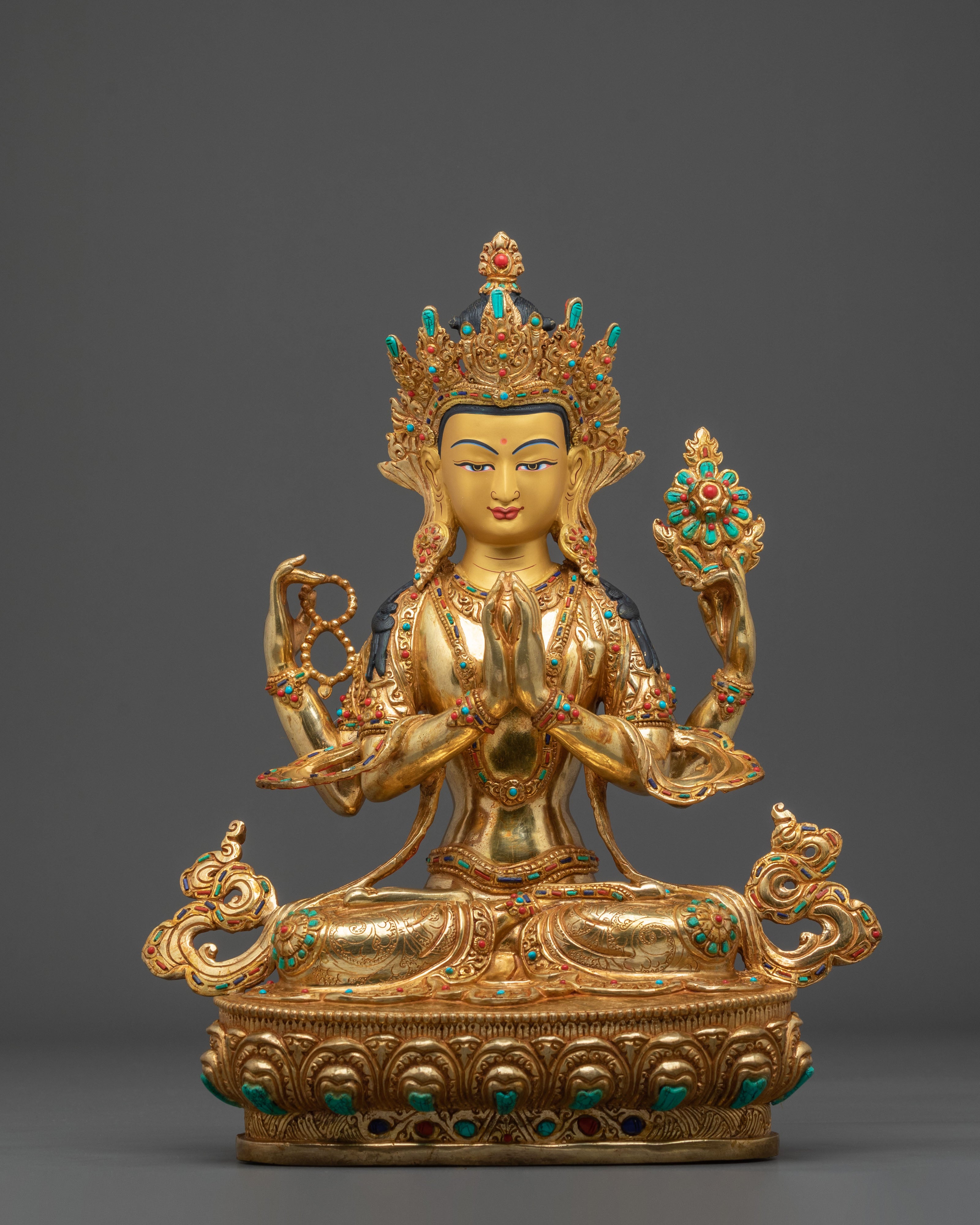Radiant 24K Gold Gilded Chenrezig Statue: Bodhisattva of Compassion