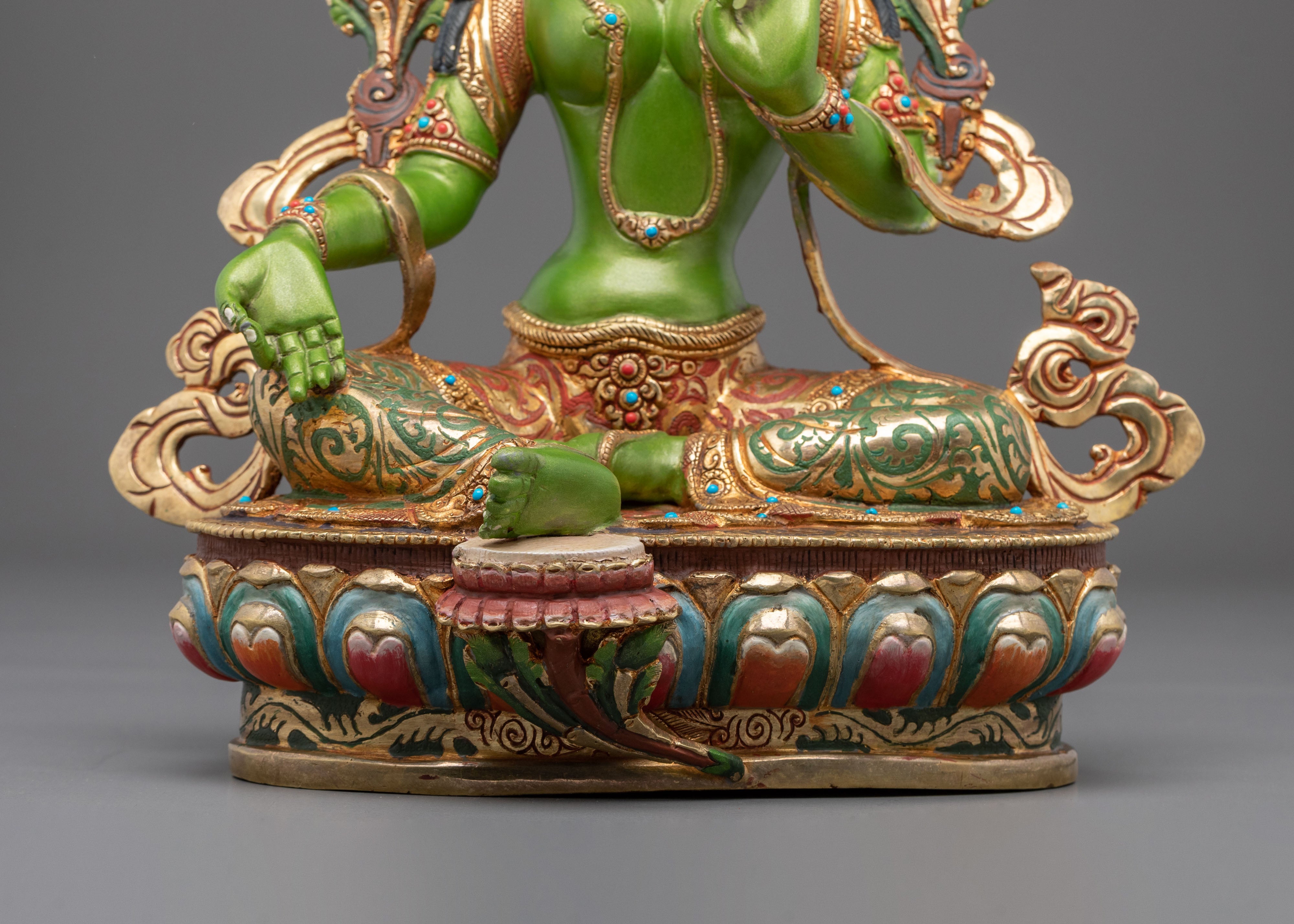 Traditional Green Tara Golden Statue | Tibetan Buddhist Compassion Deity