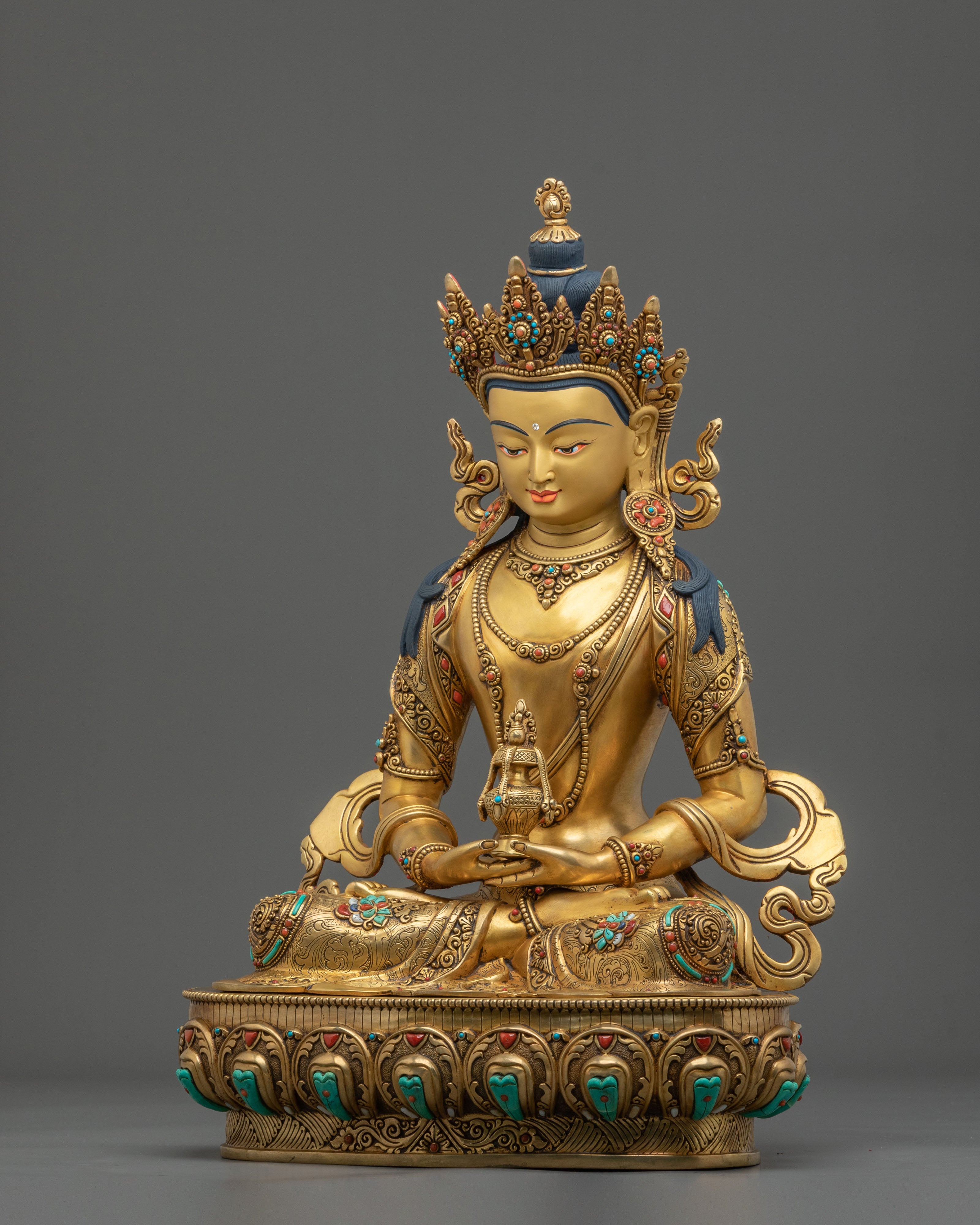 24K Gold Gilded Copper Amitayus Statue with Gemstones | Buddha of Infinite Life