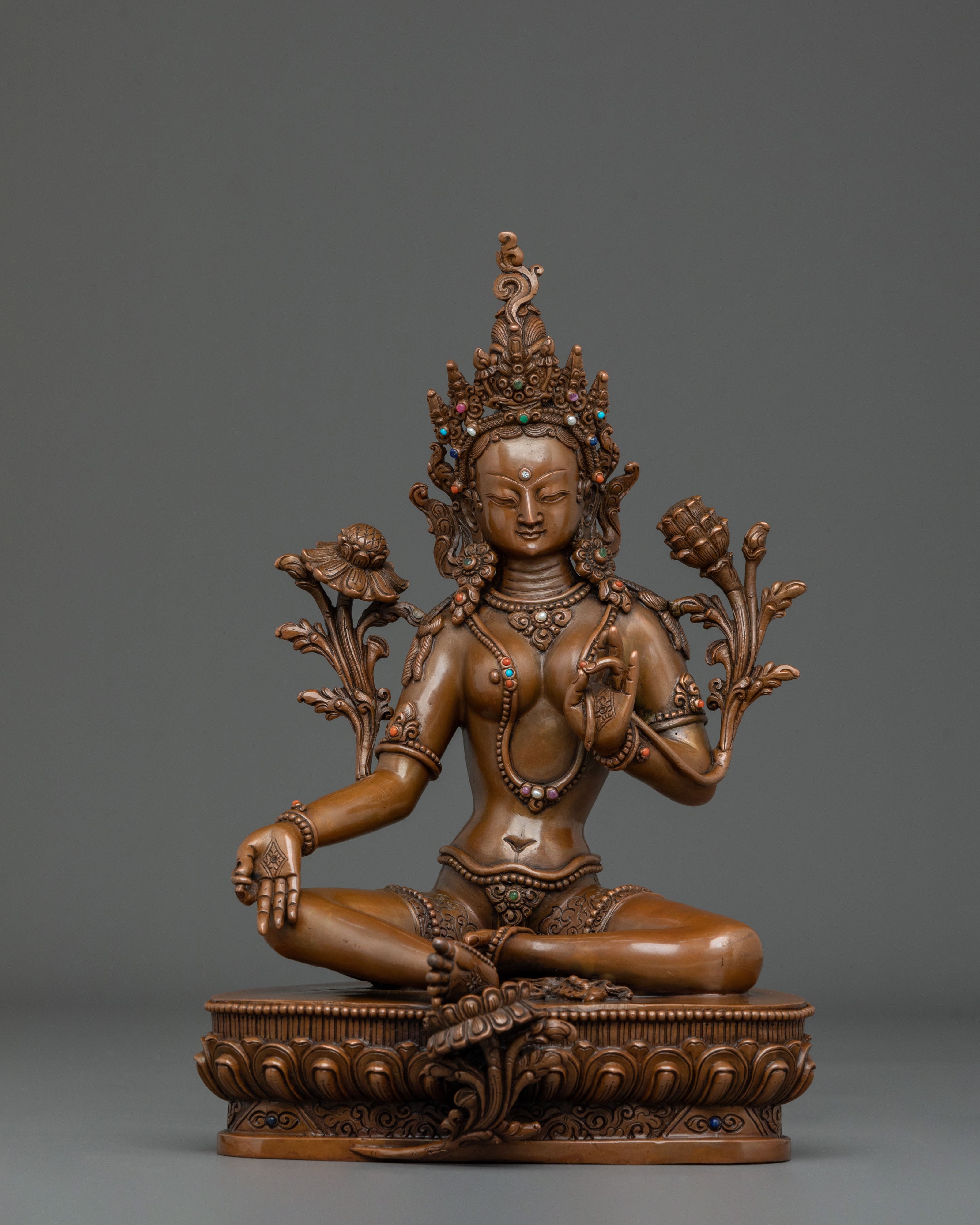 Green Tara Sculpture of Sacred Protection: Oxidized Copper Art