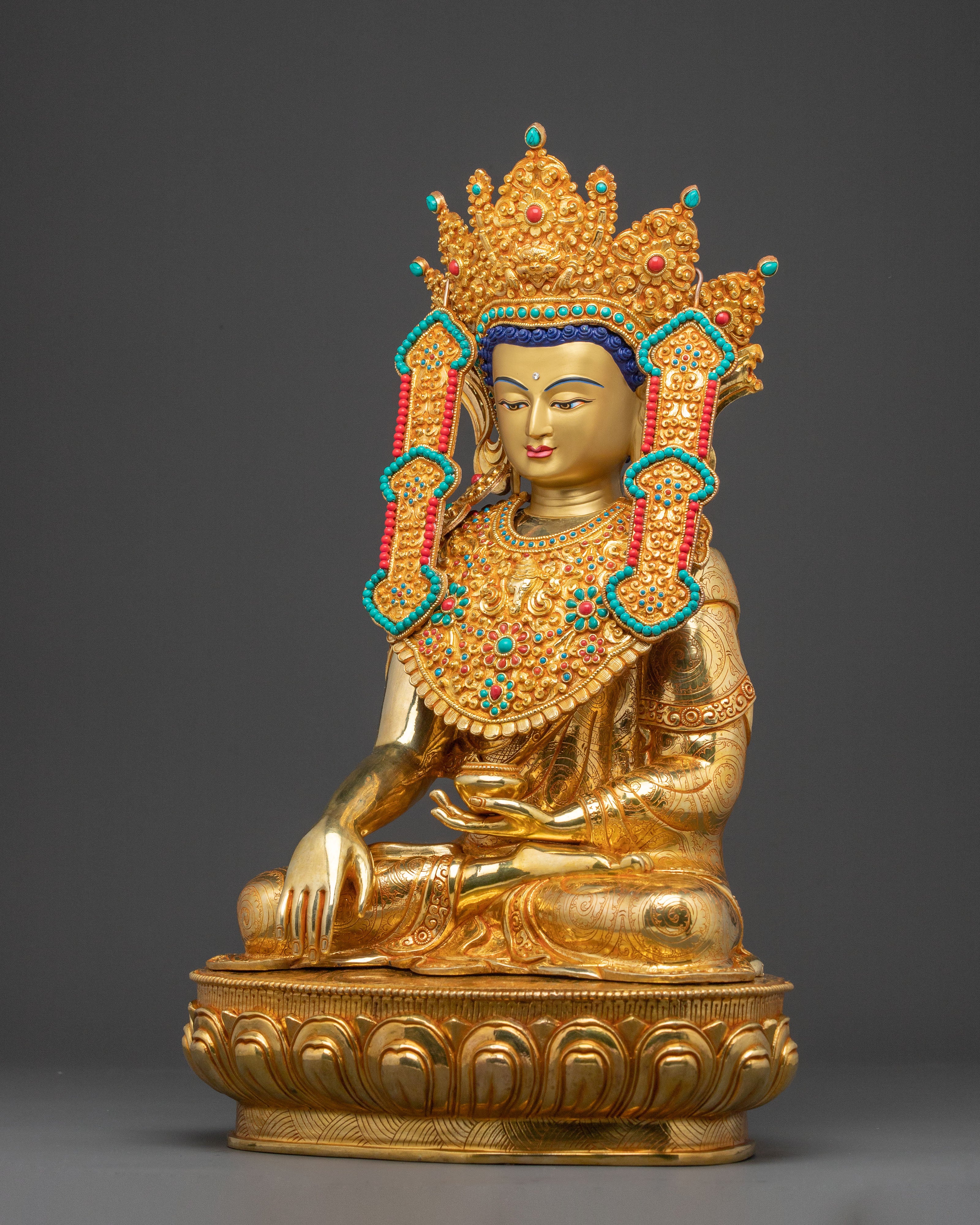 24k Gold Gilded Shakyamuni Buddha Statue with Crown