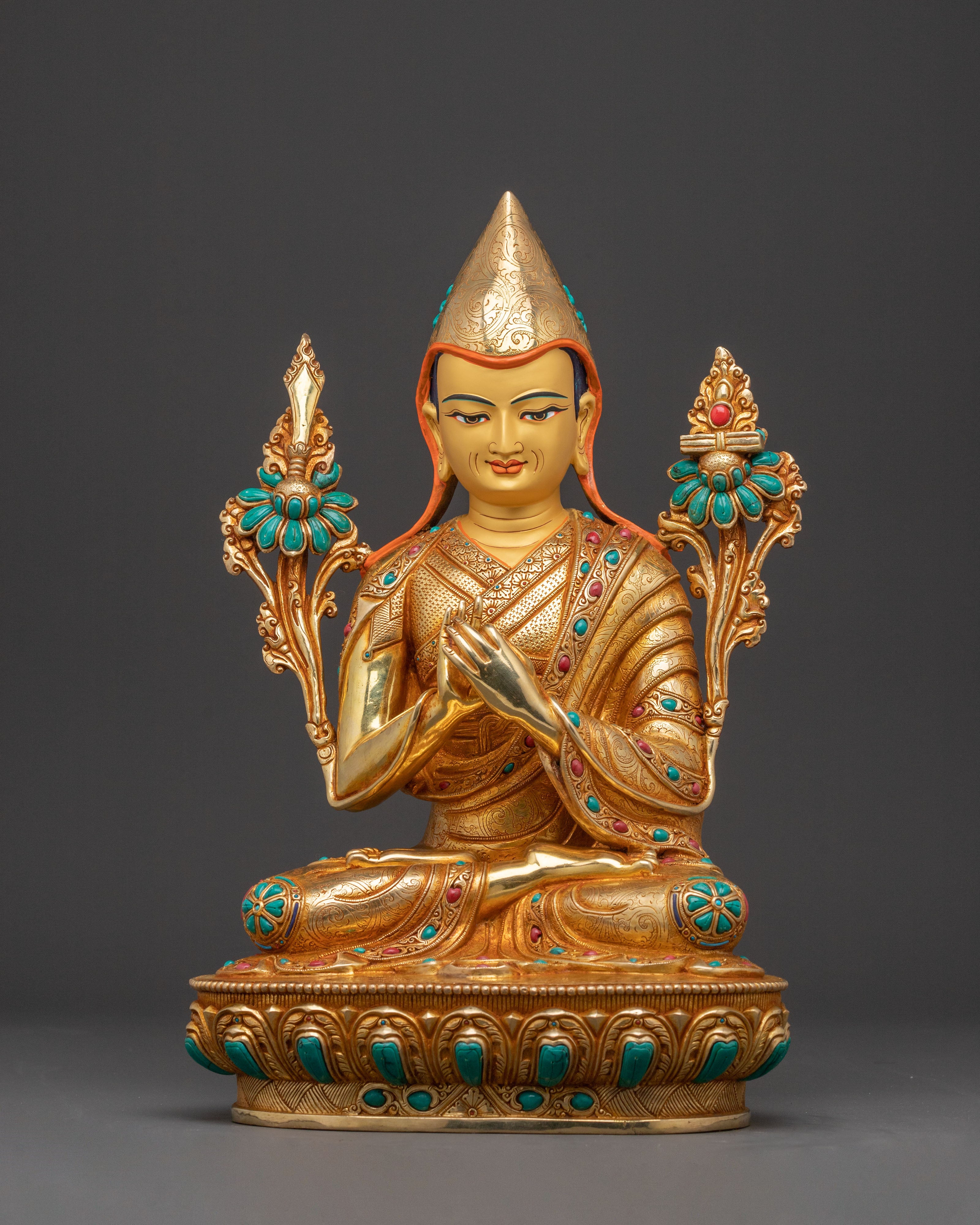 Handcrafted Tsongkhapa Statue – 24K Gold Gilded Masterpiece