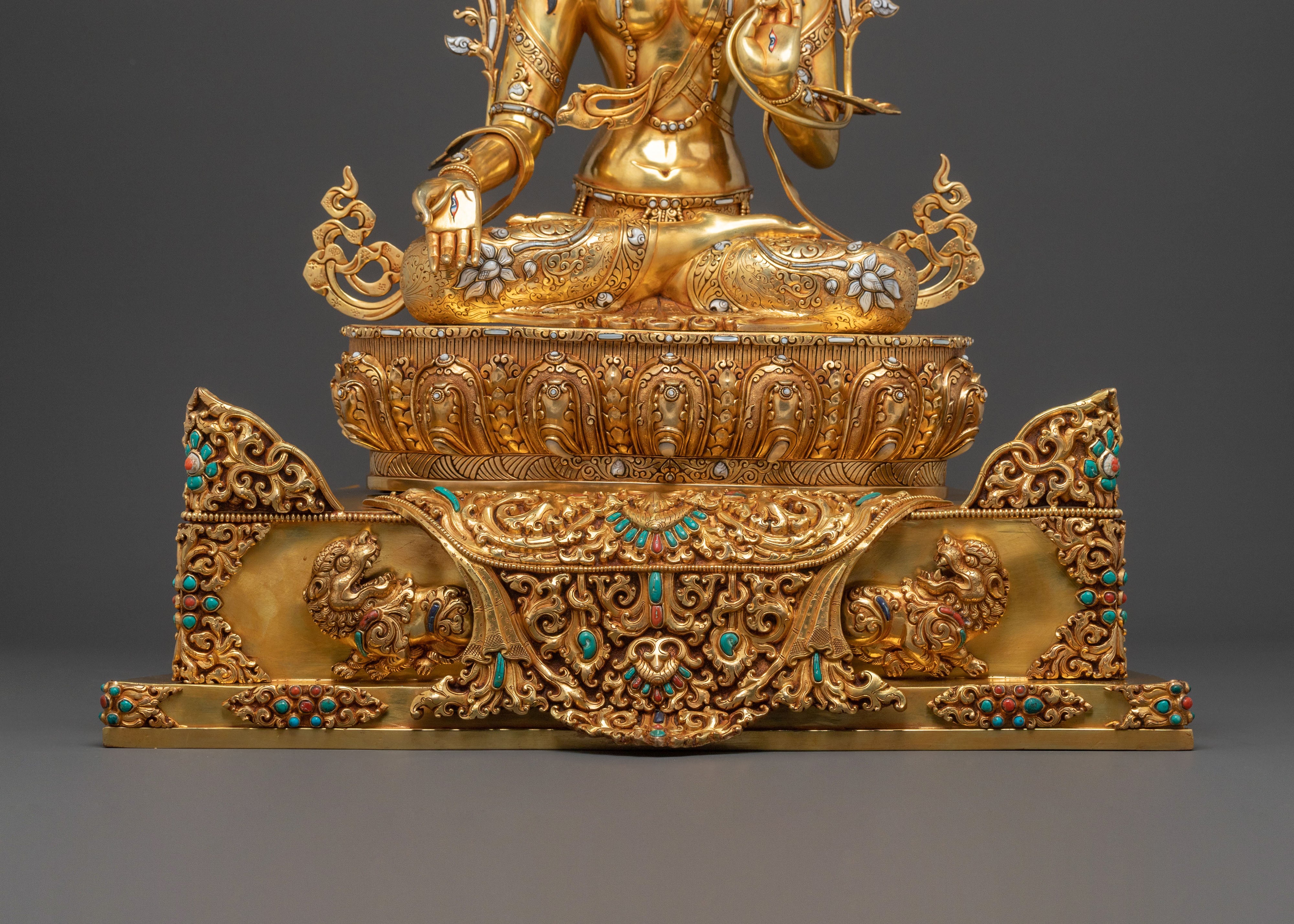 Exquisite 24K Gold Gilded White Tara Statue Seated on Throne