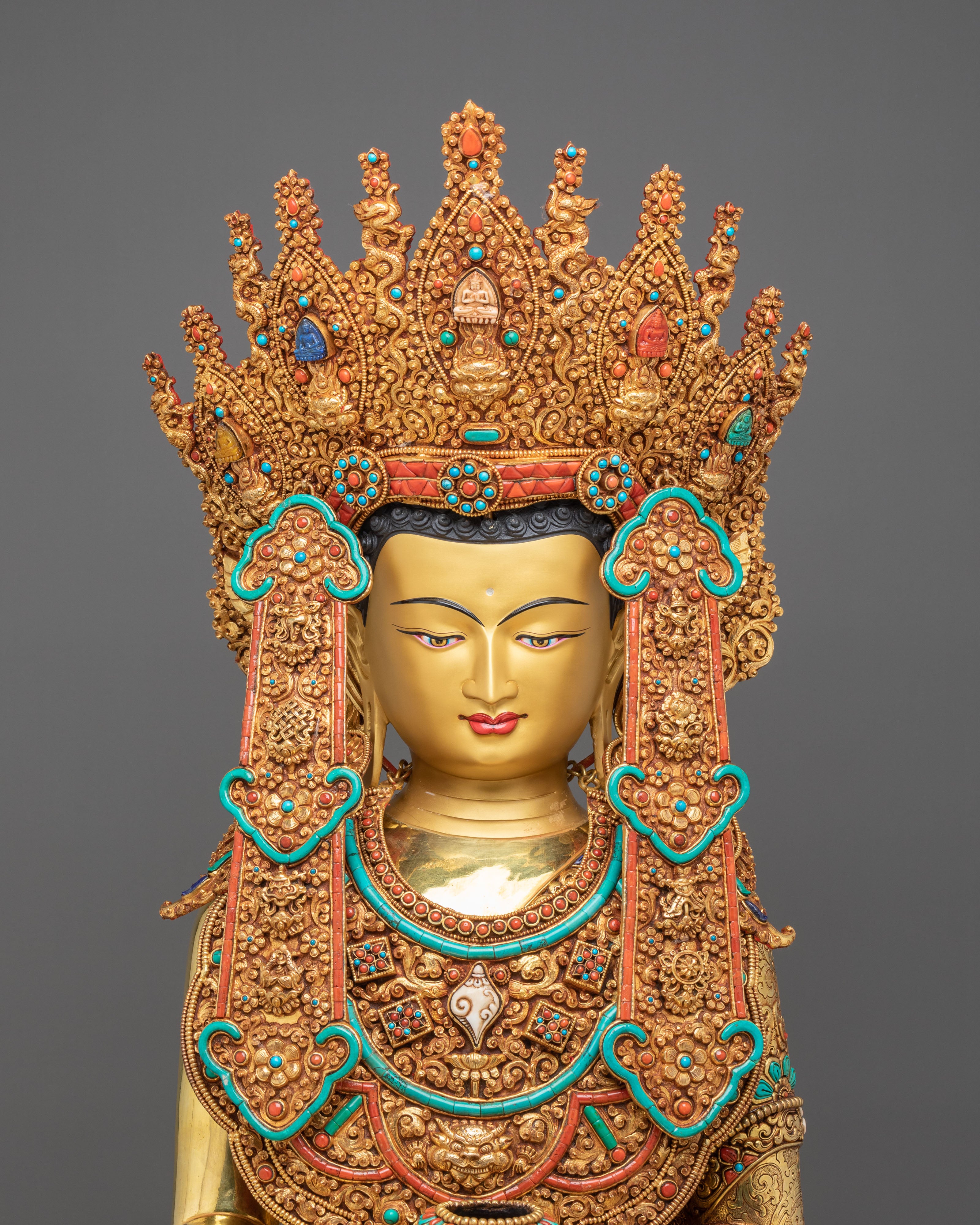 Crown Shakyamuni Buddha Figurine | 24K Gold-Gilded Buddha Statue