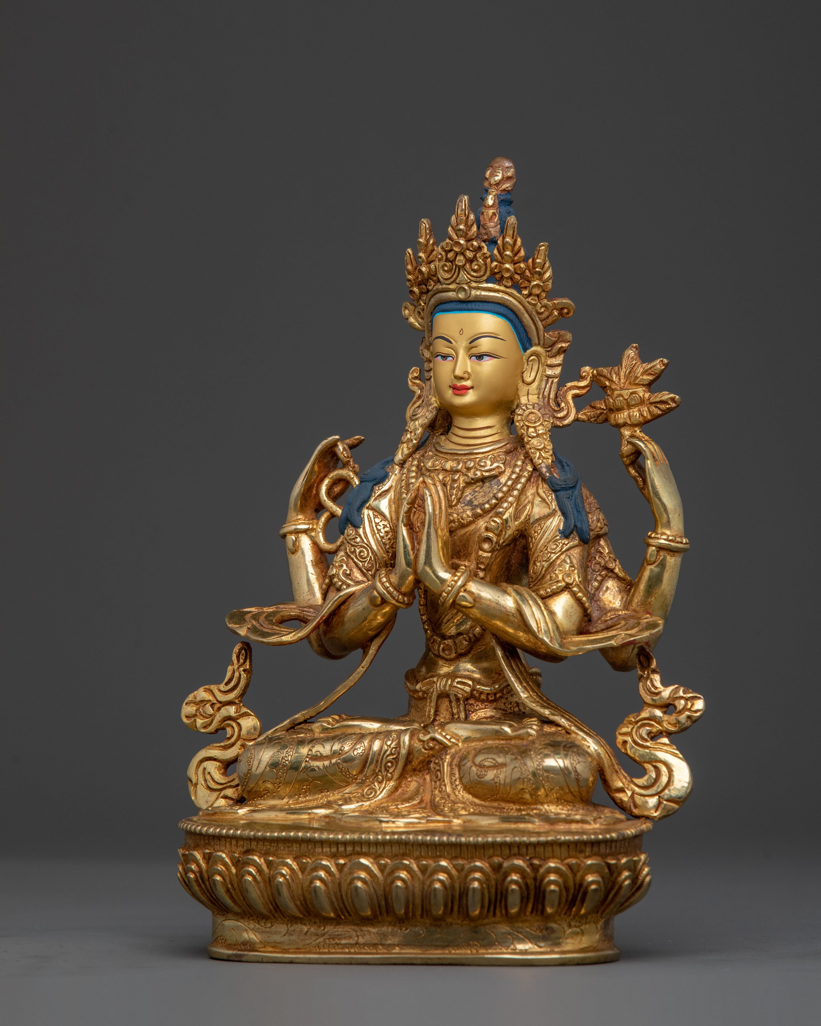 Radiant Bodhisattva Chenrezig Statue: 24K Gold Gilded