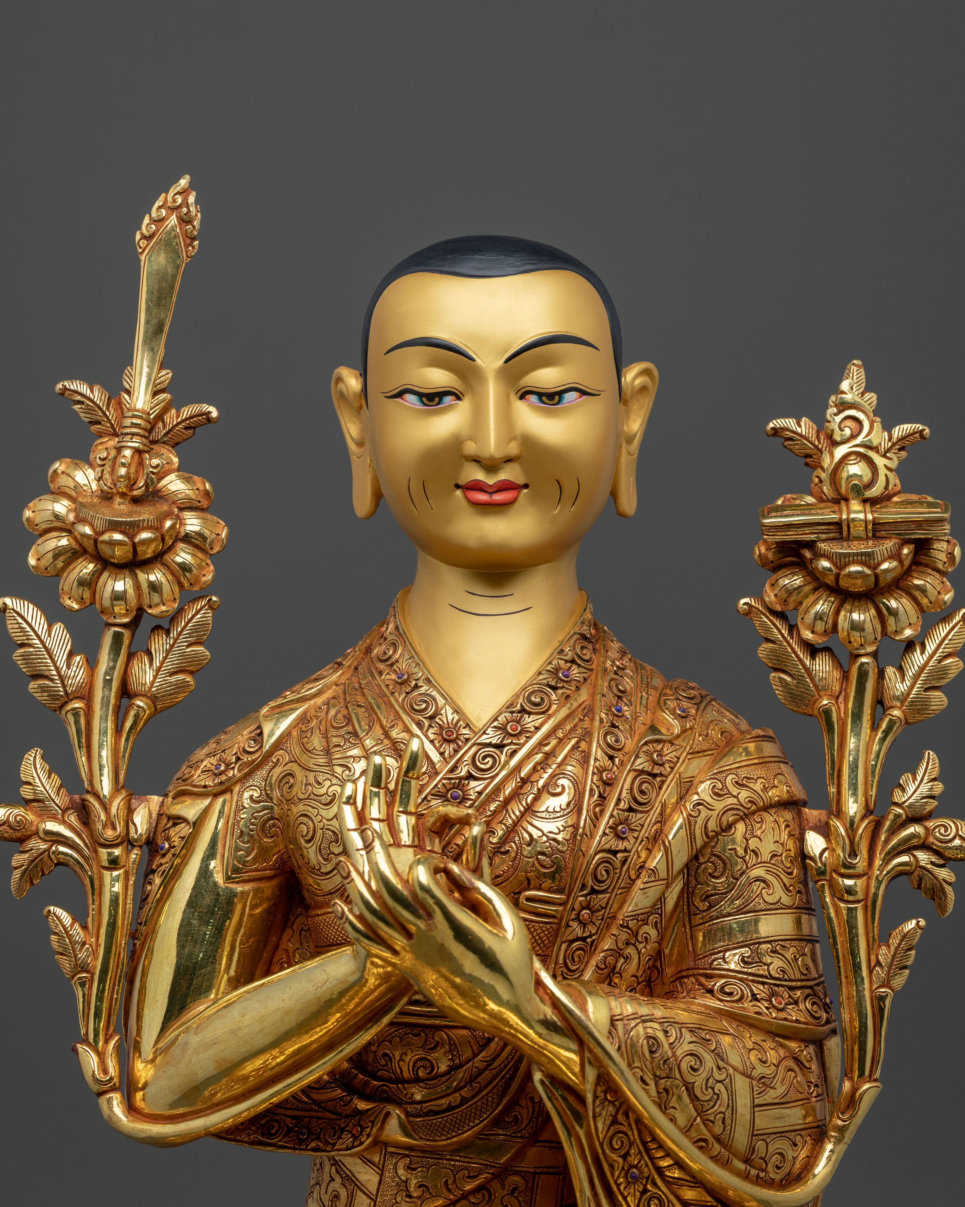 Tsongkhapa with Two Disciples Altar Sculpture | 24K Gold Glided