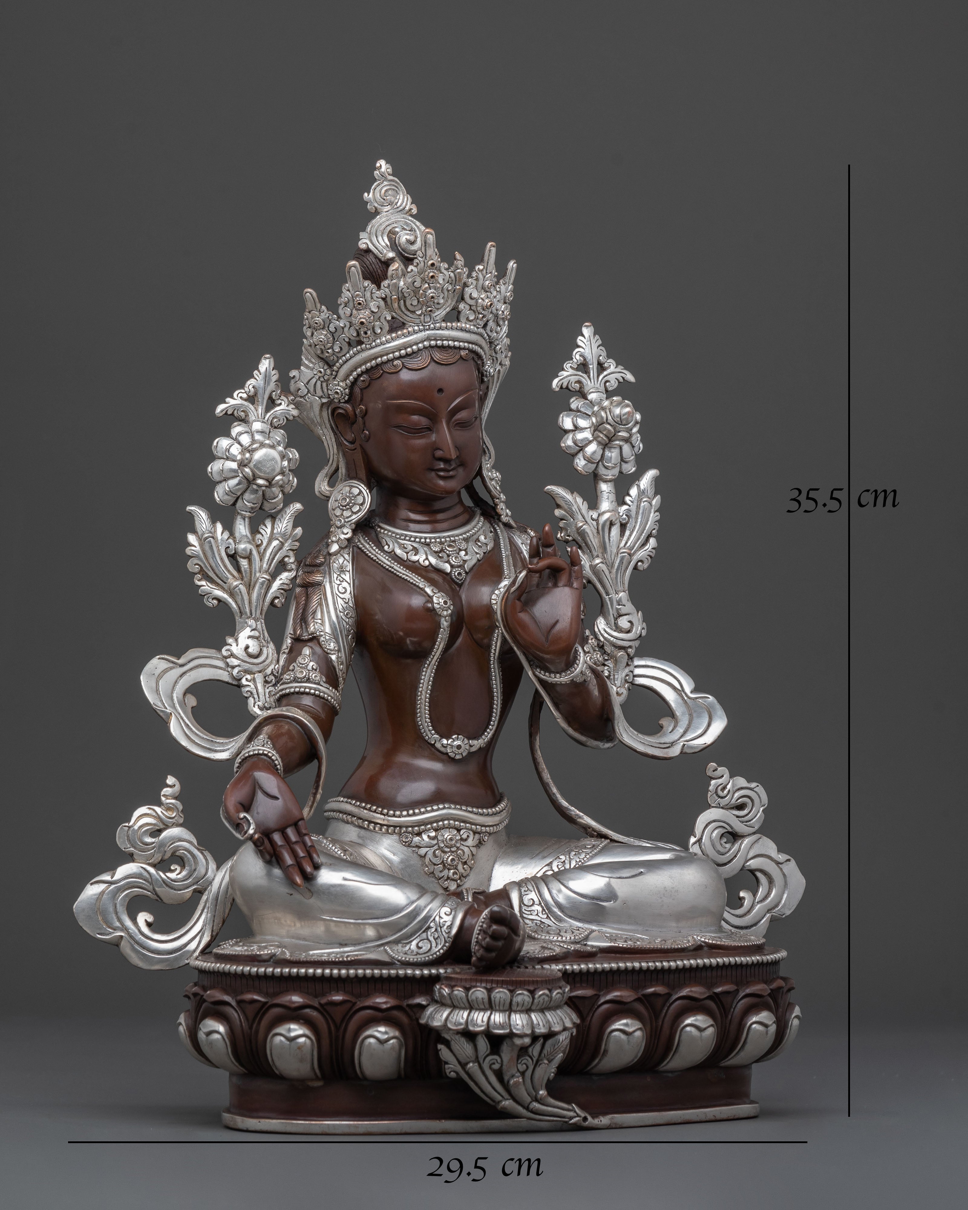 Green Tara: Oxidized Copper Statue with Silver Plated