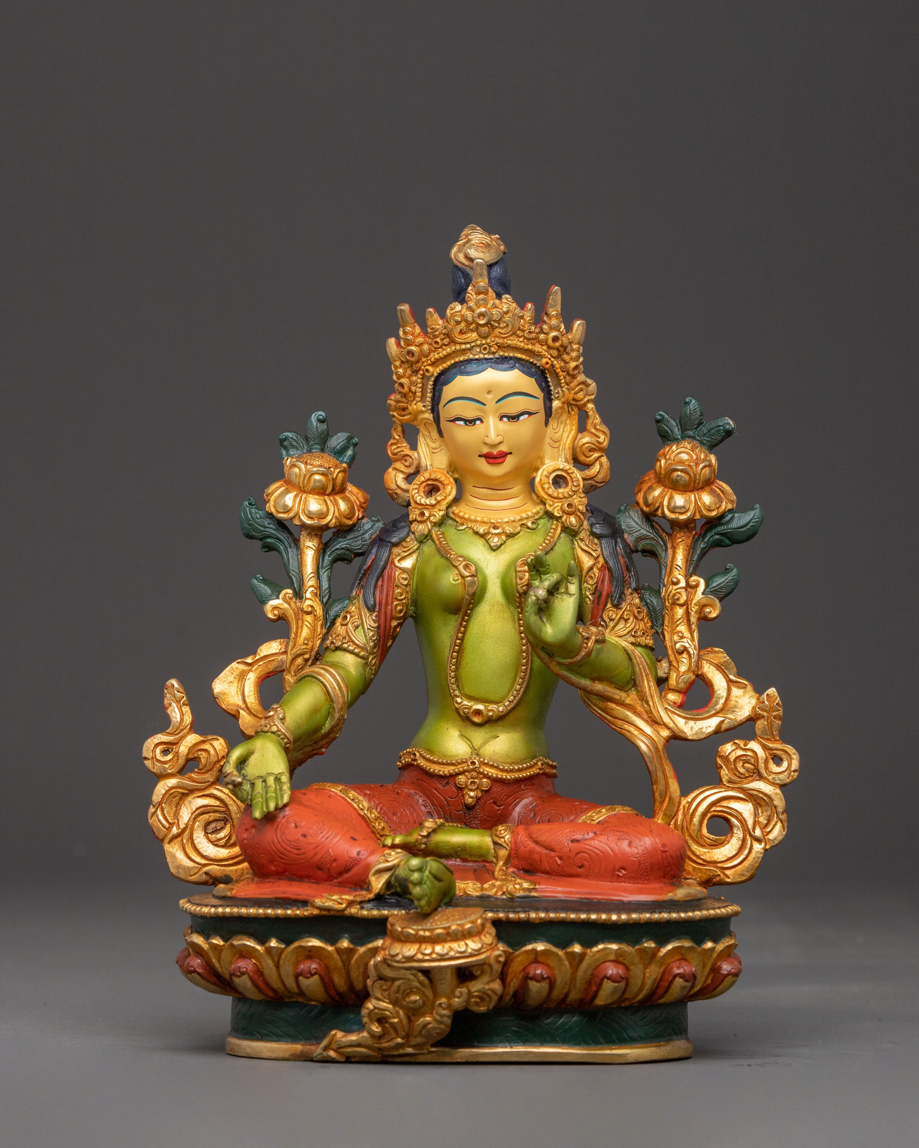2k Gold Gilded Green Tara Statue - Sacred Buddhist Art
