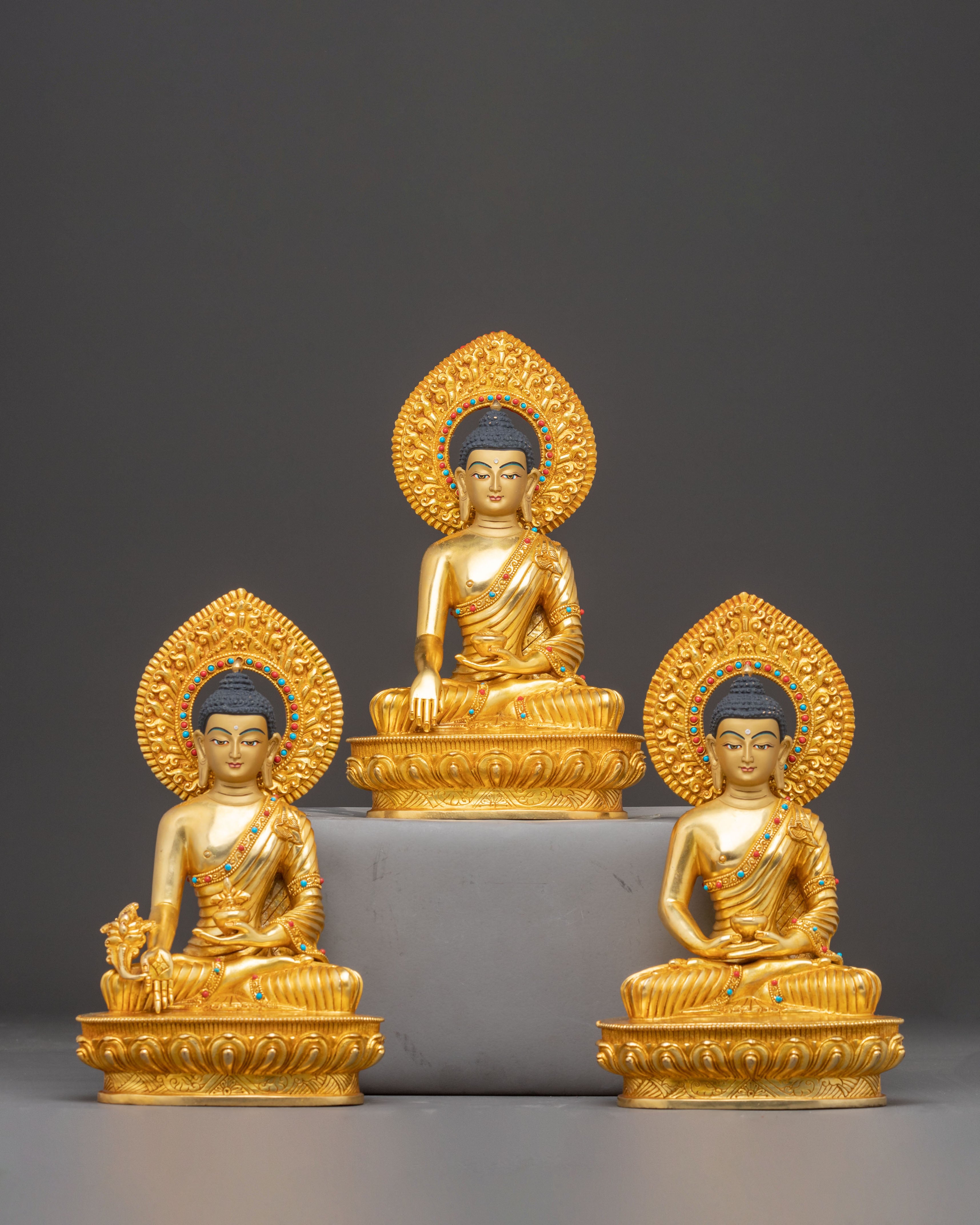 Himalayan Handmade Three Buddha Statue Set: 24K Gold Gilded