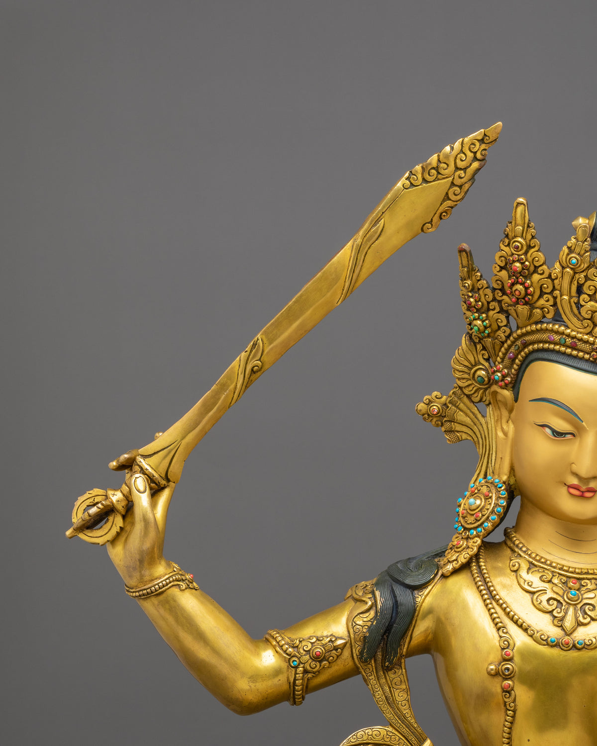 Manjughoṣa Sculpture of Wisdom |  24K Gold Gilded Copper Statue