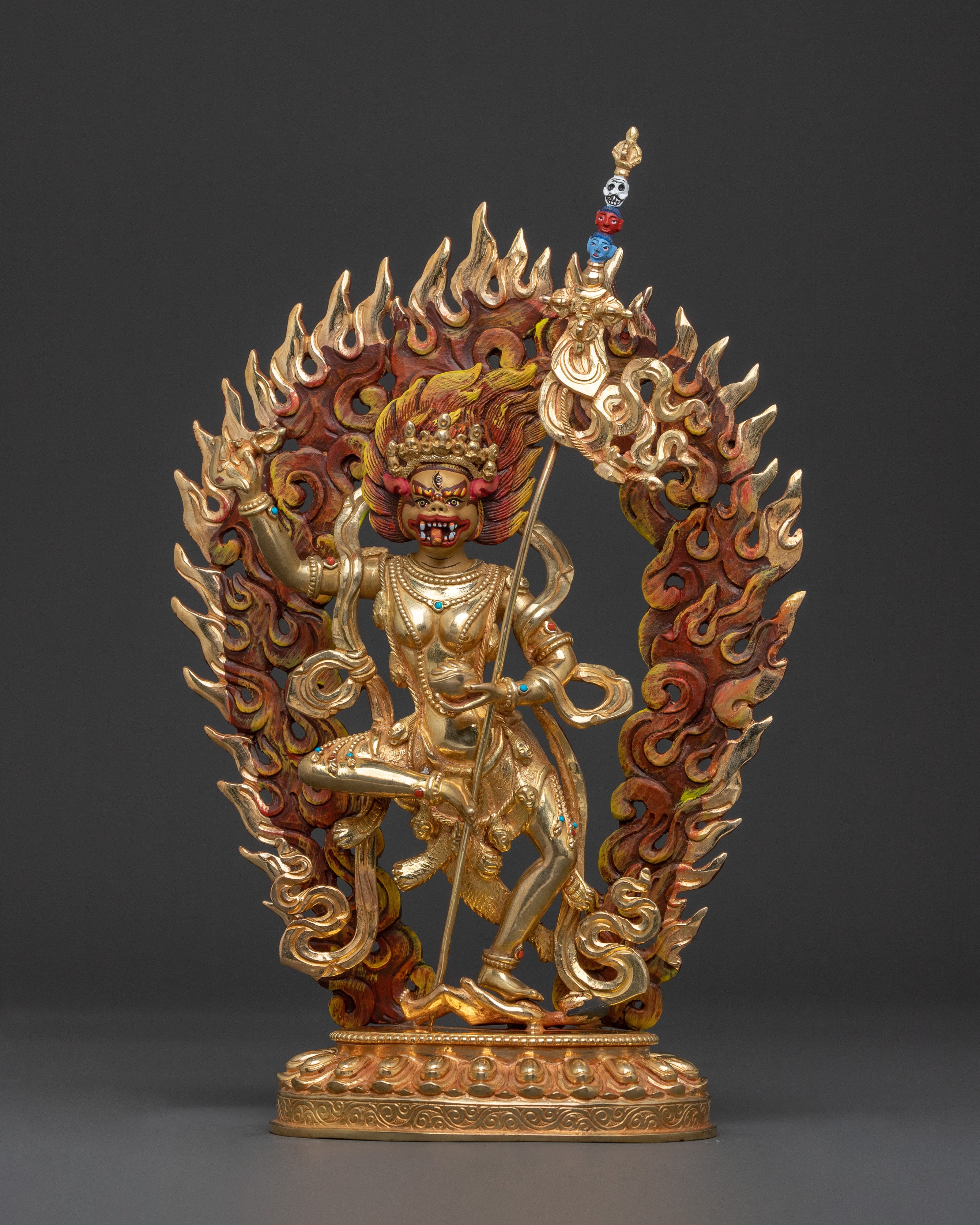 Simhamukha Figure of Power: Hand-Gilded Copper
