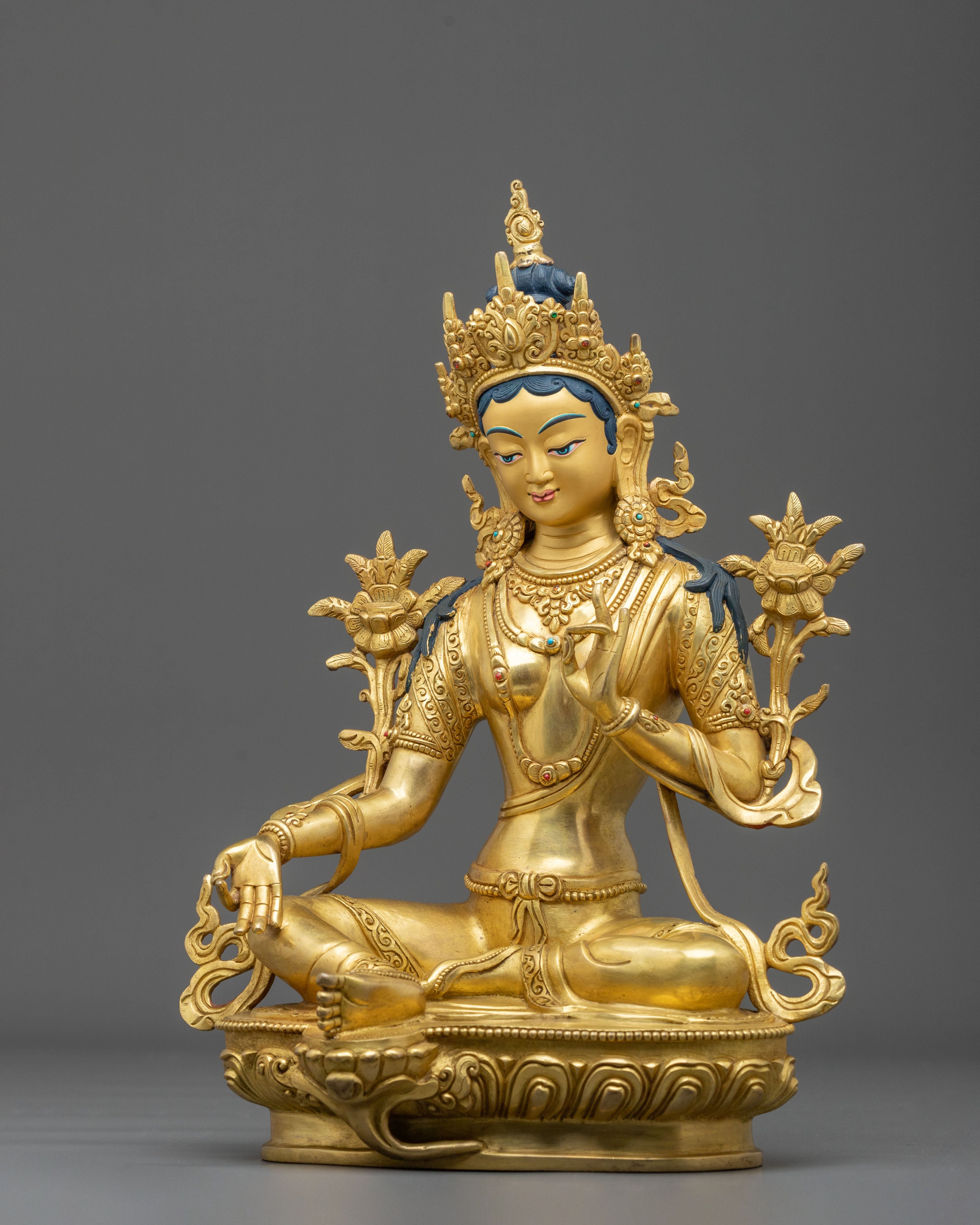 Protector Green Tara Himalayan Sculpture: 24K Gold Gilded