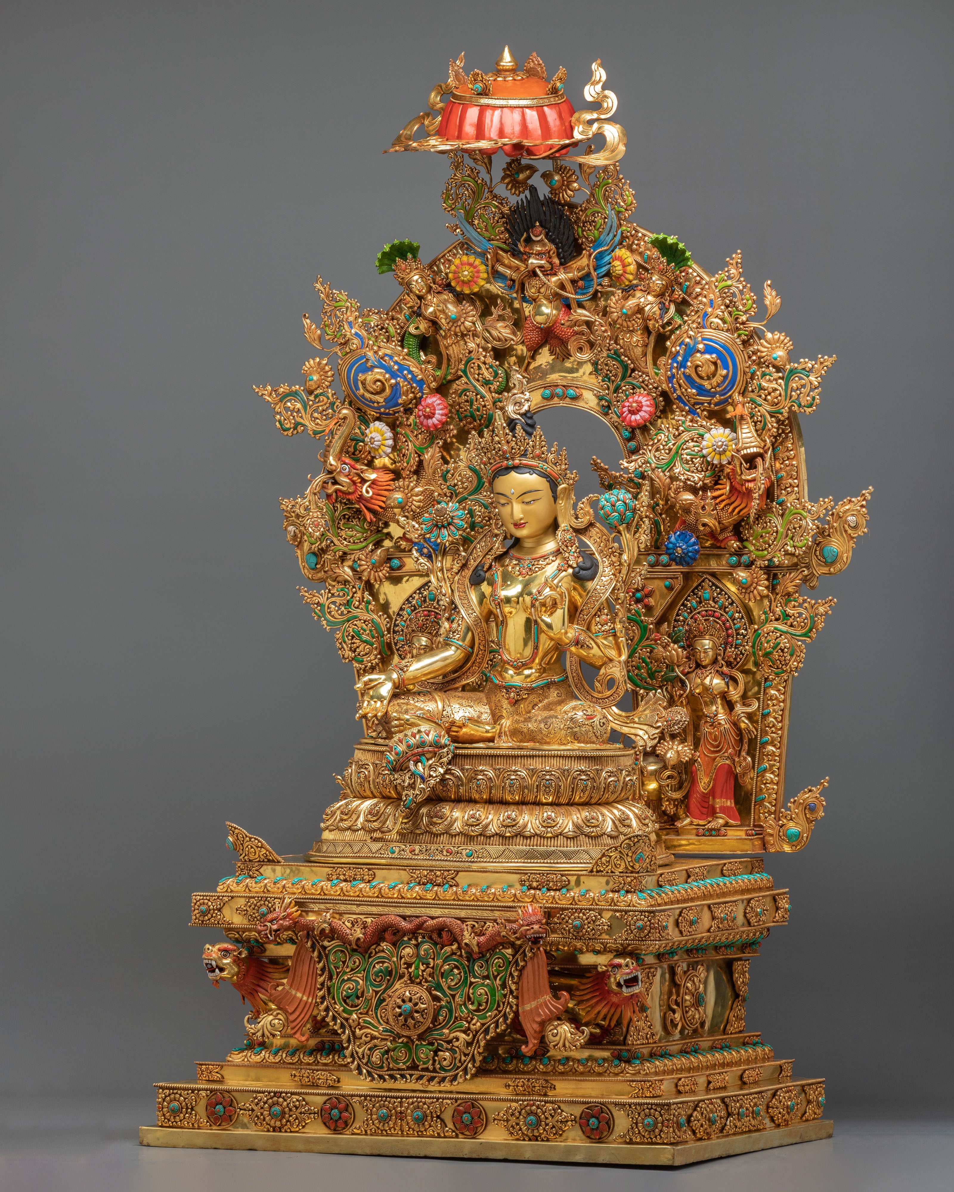 Green Tara Figurine on Throne | Buddhist Goddess Copper Statue