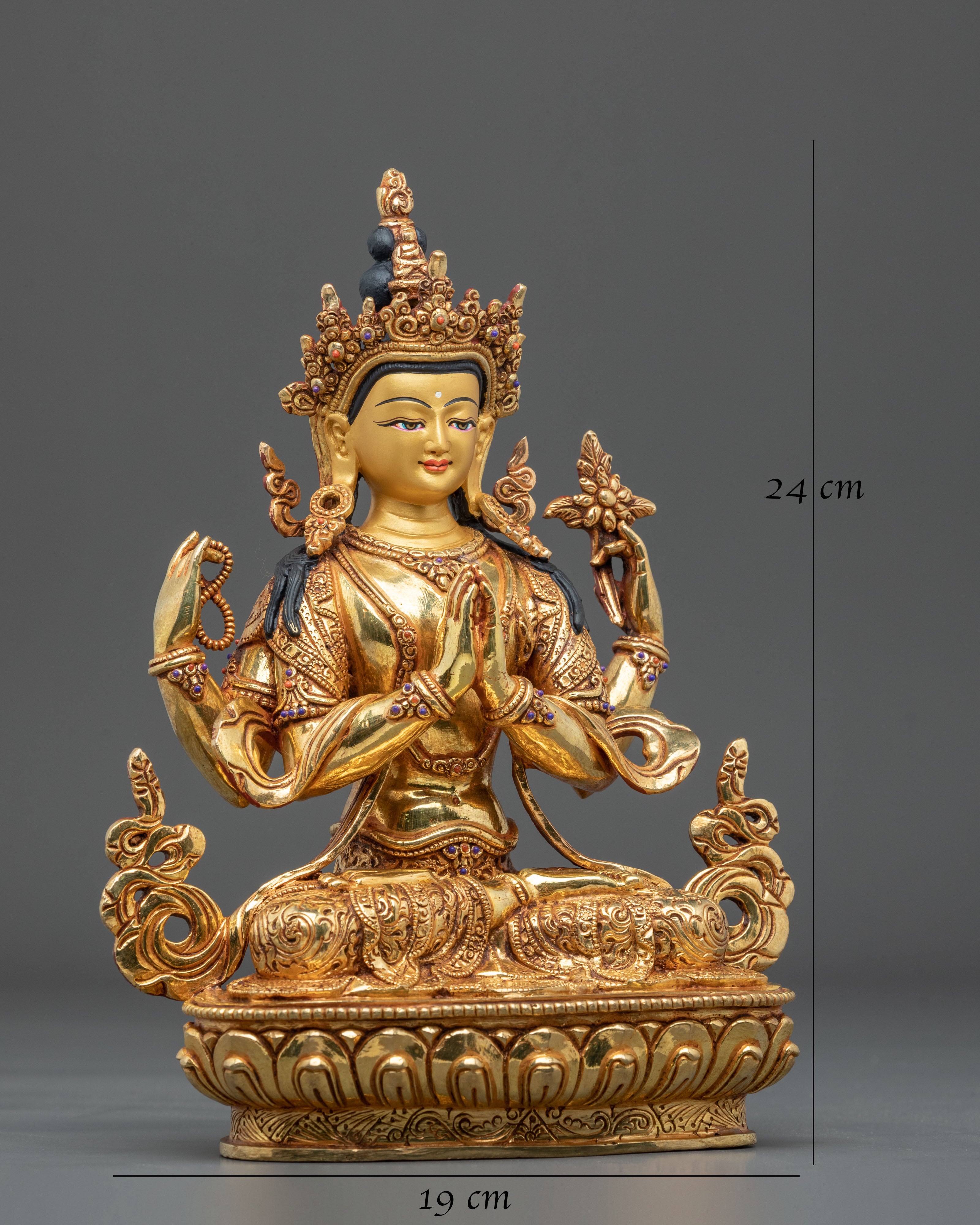 24K Gold-Plated Chenrezig Statue | Exquisite Copper Figurine