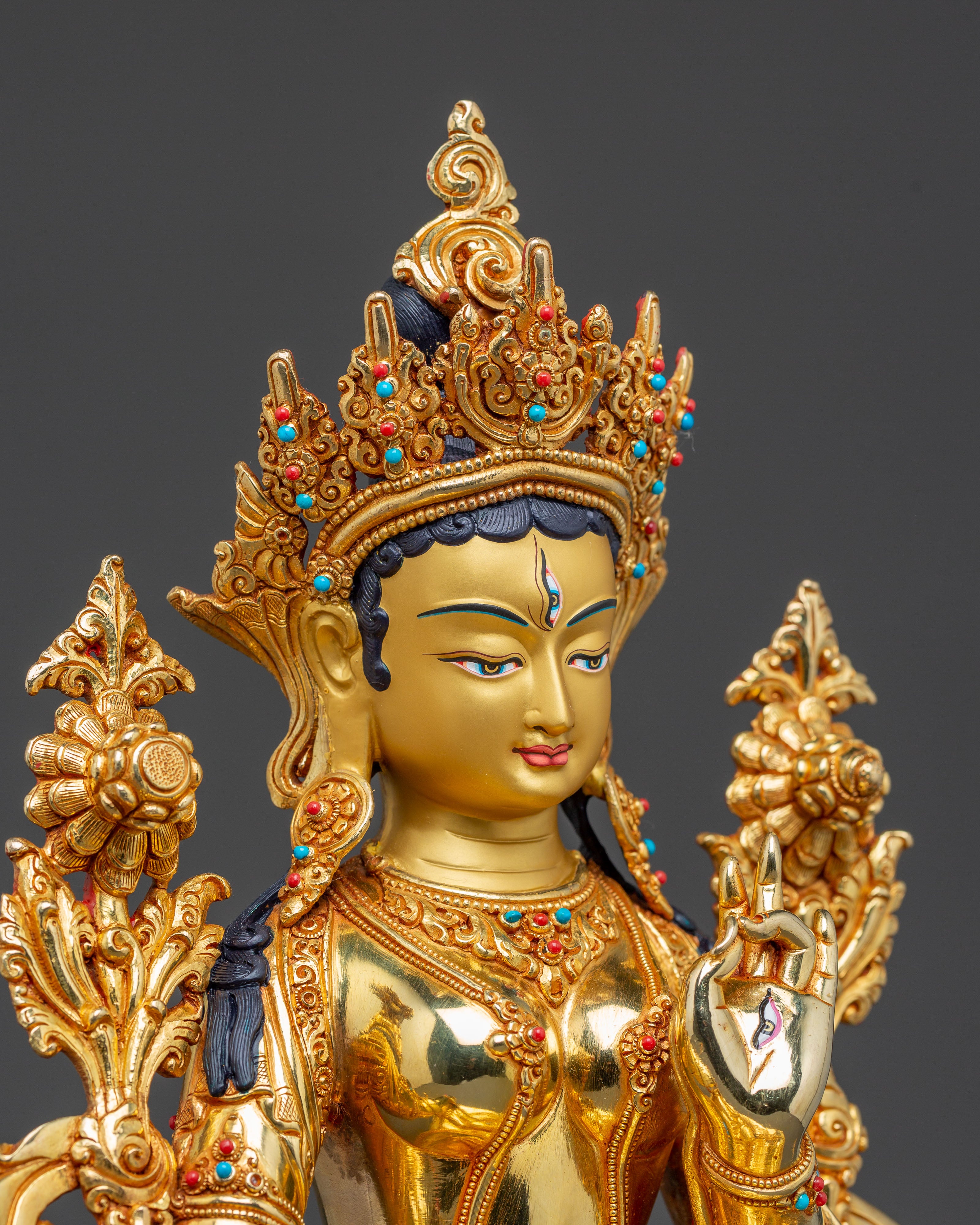 Handcrafted White Tara Spiritual Statue: 24K Gold Gilded Masterpiece