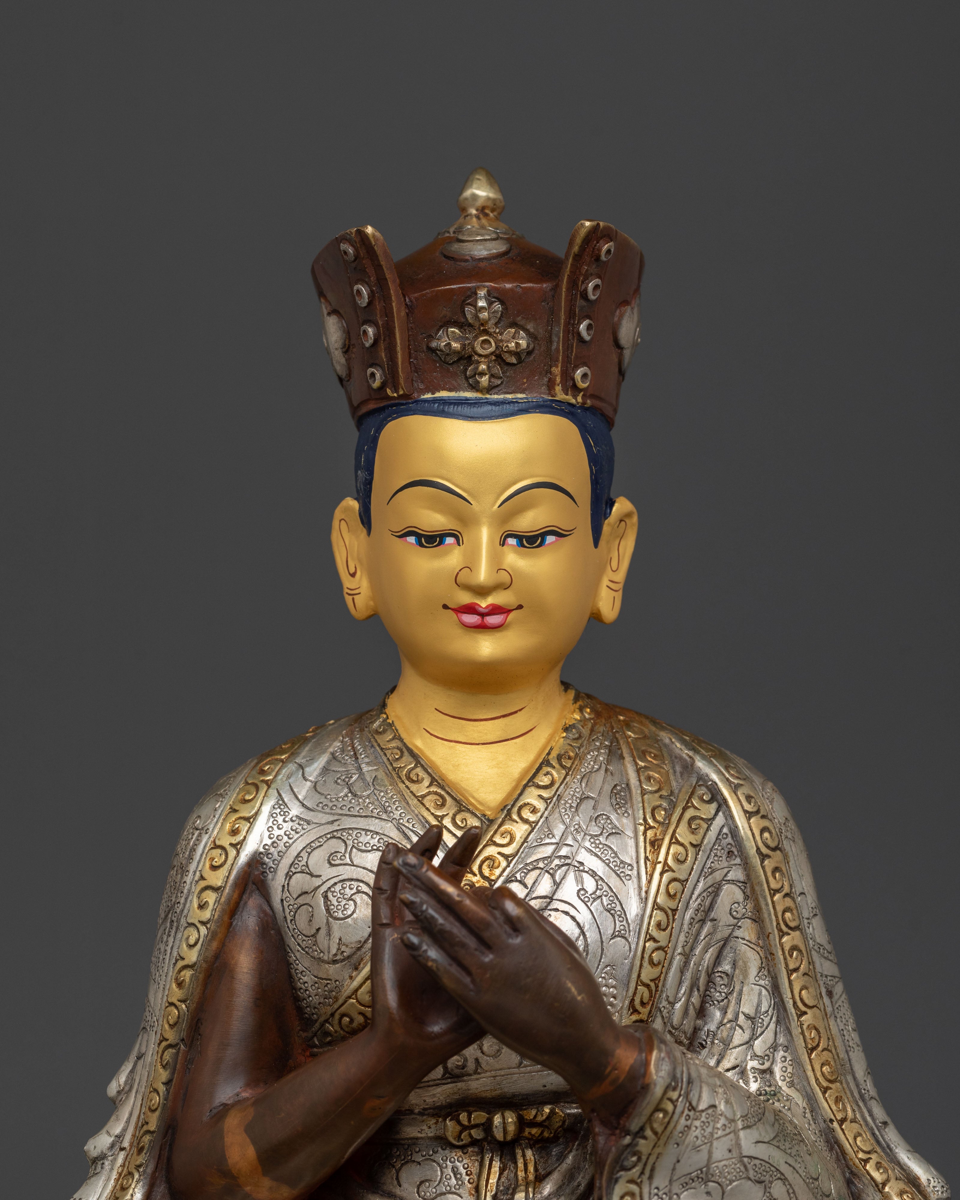 Buddhist Master Karmapa Sculpture: Handcrafted Gold and Silver Gilded Art