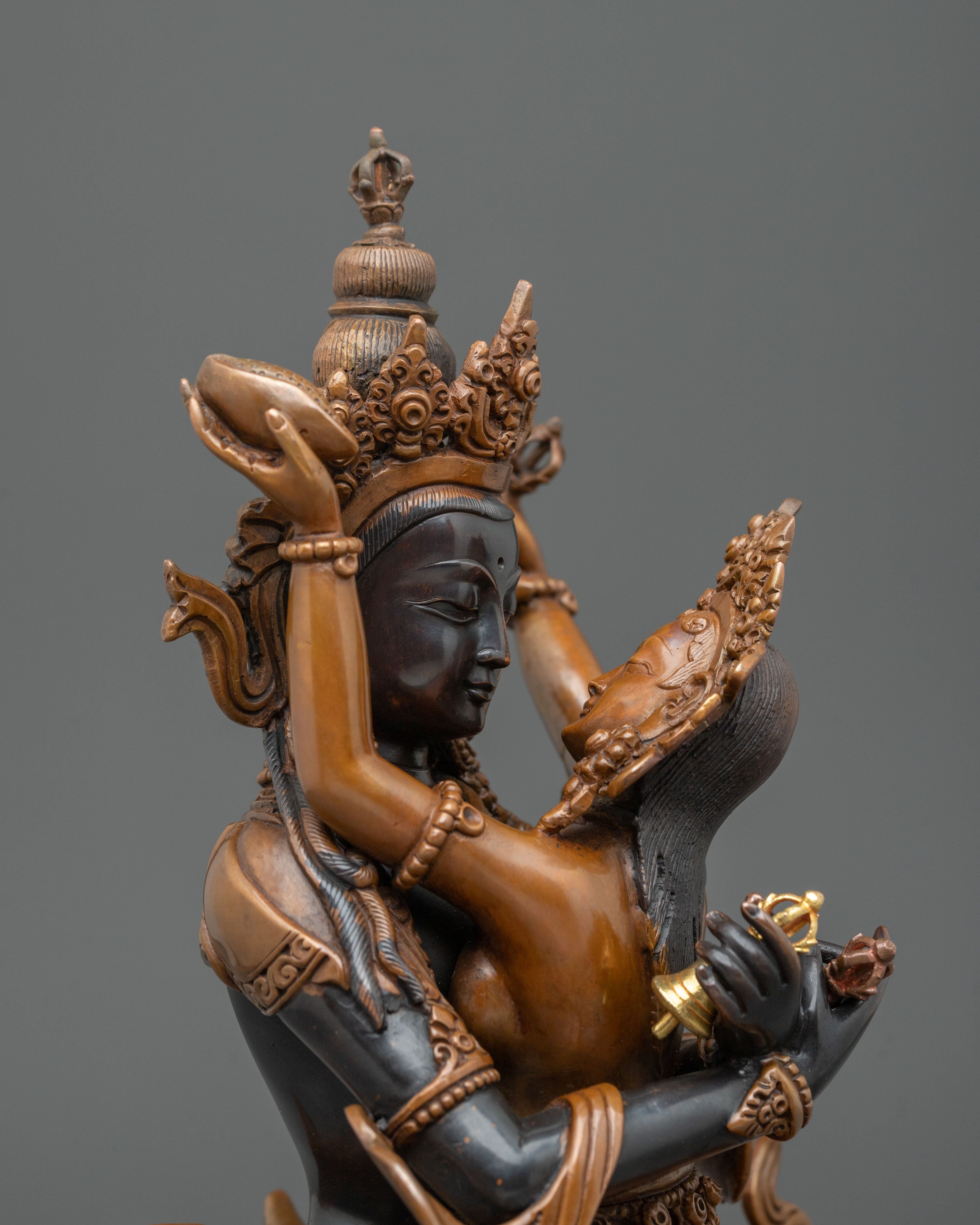 Vajradhara Sacred Sculpture with Consort: Oxidized Copper Staue