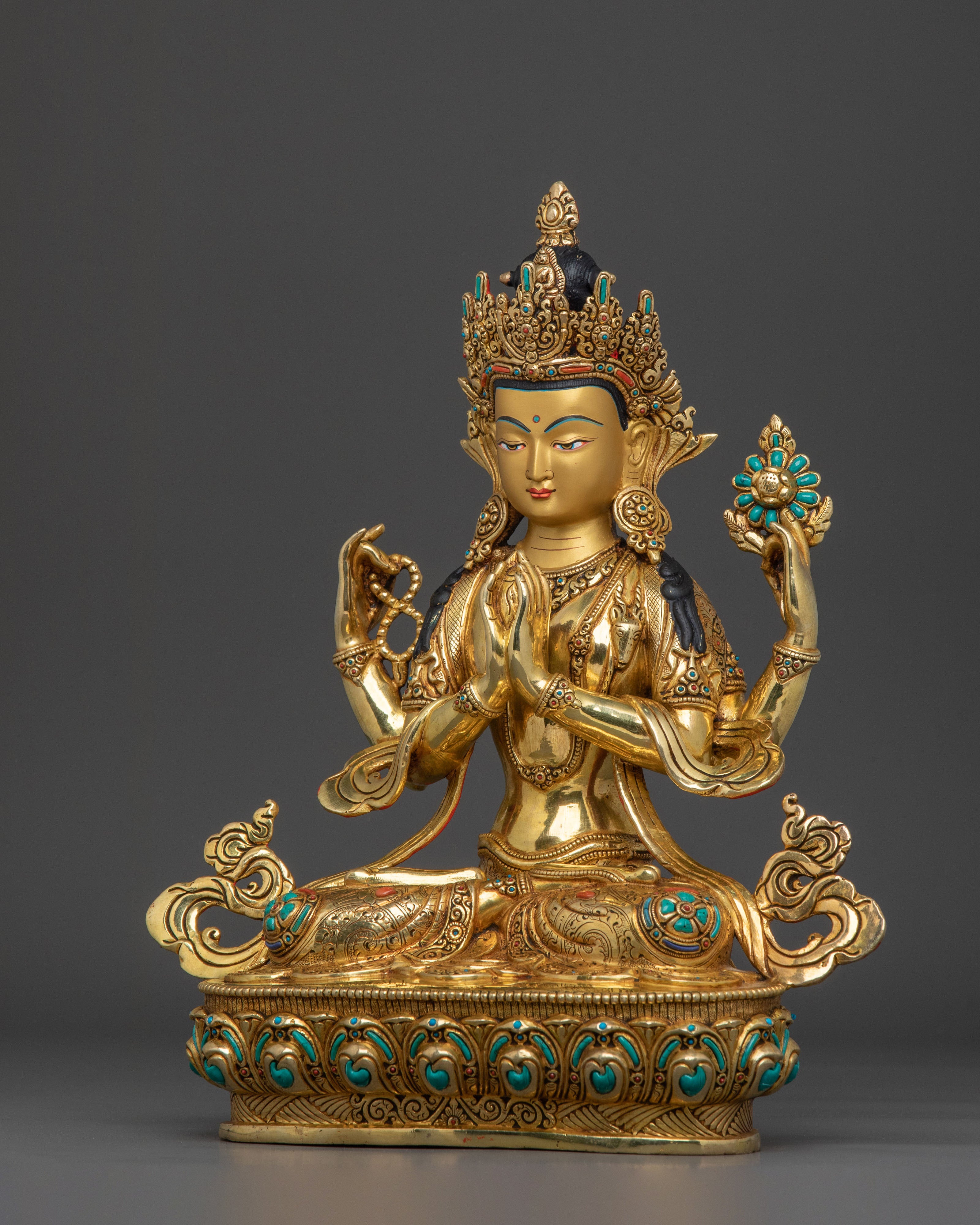 Handcrafted Himalayan Chenrezig Statue with 24K Gold and Fine Gemstones