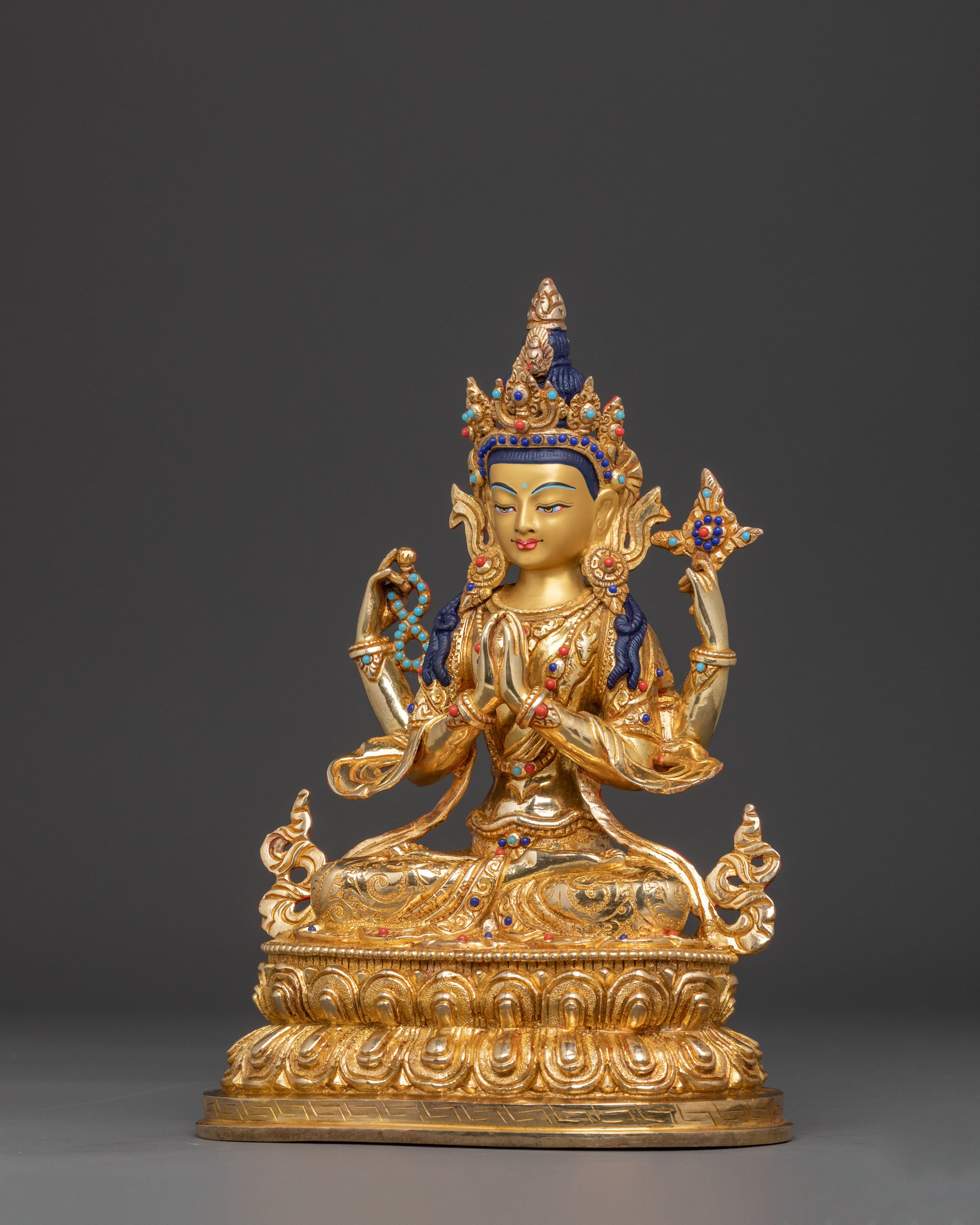 24k Gold Gilded Statue of Chenrezig Bodhisattva - Exquisite Copper Art