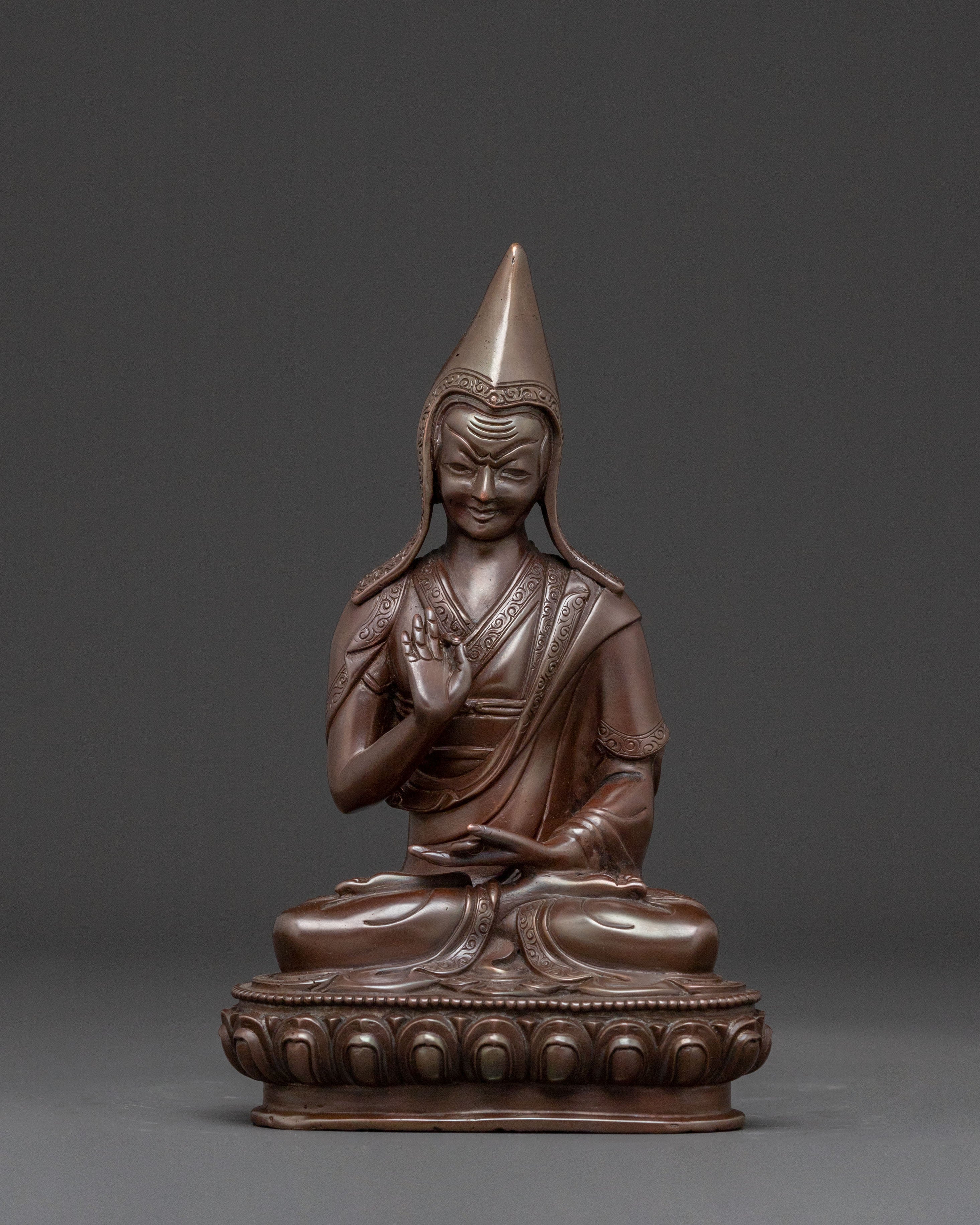 Tsongkhapa Copper Statue with Disciples: Oxidized Finish