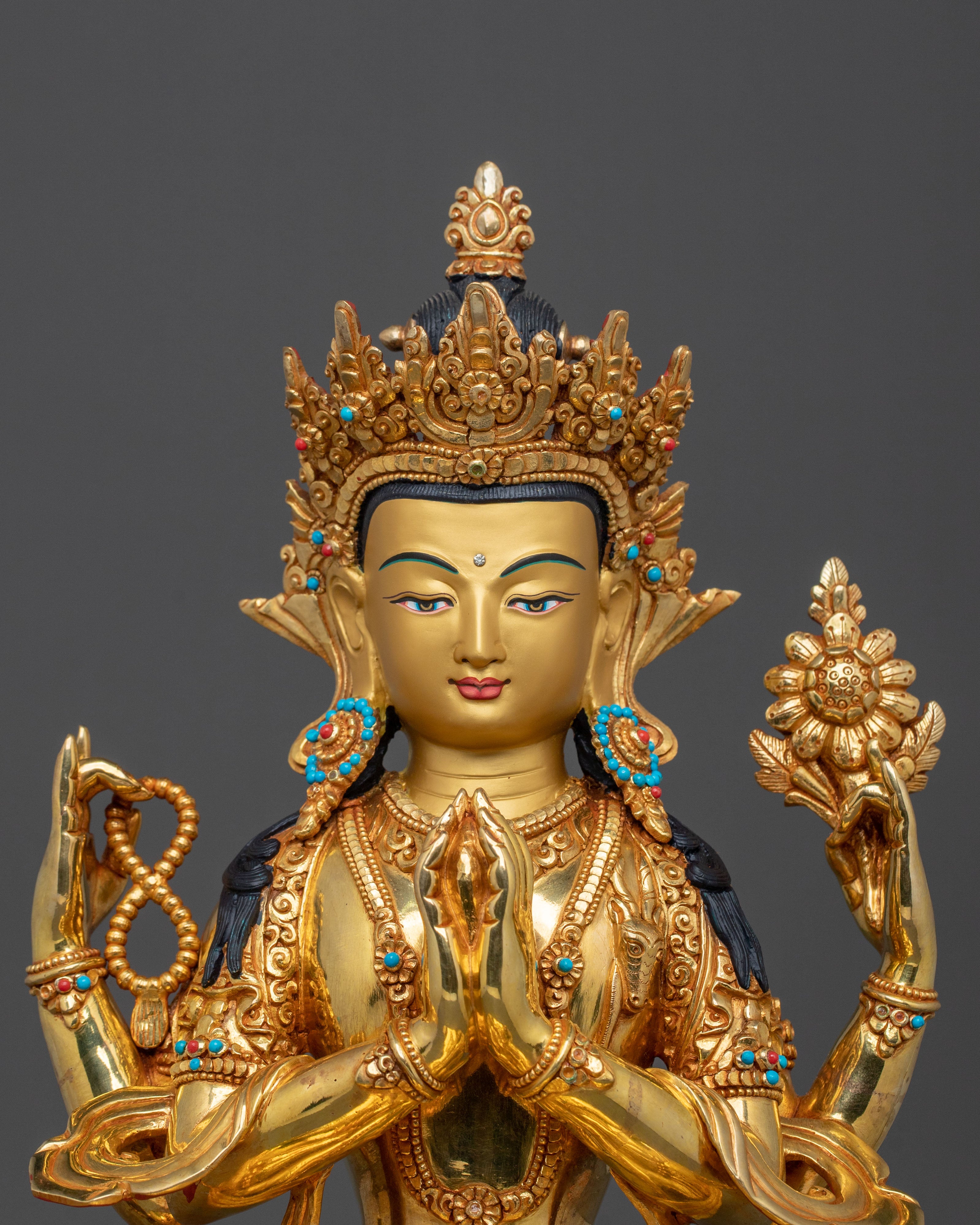 Handcrafted Four Armed Chenrezig Sculpture | Buddhist Protector Deity