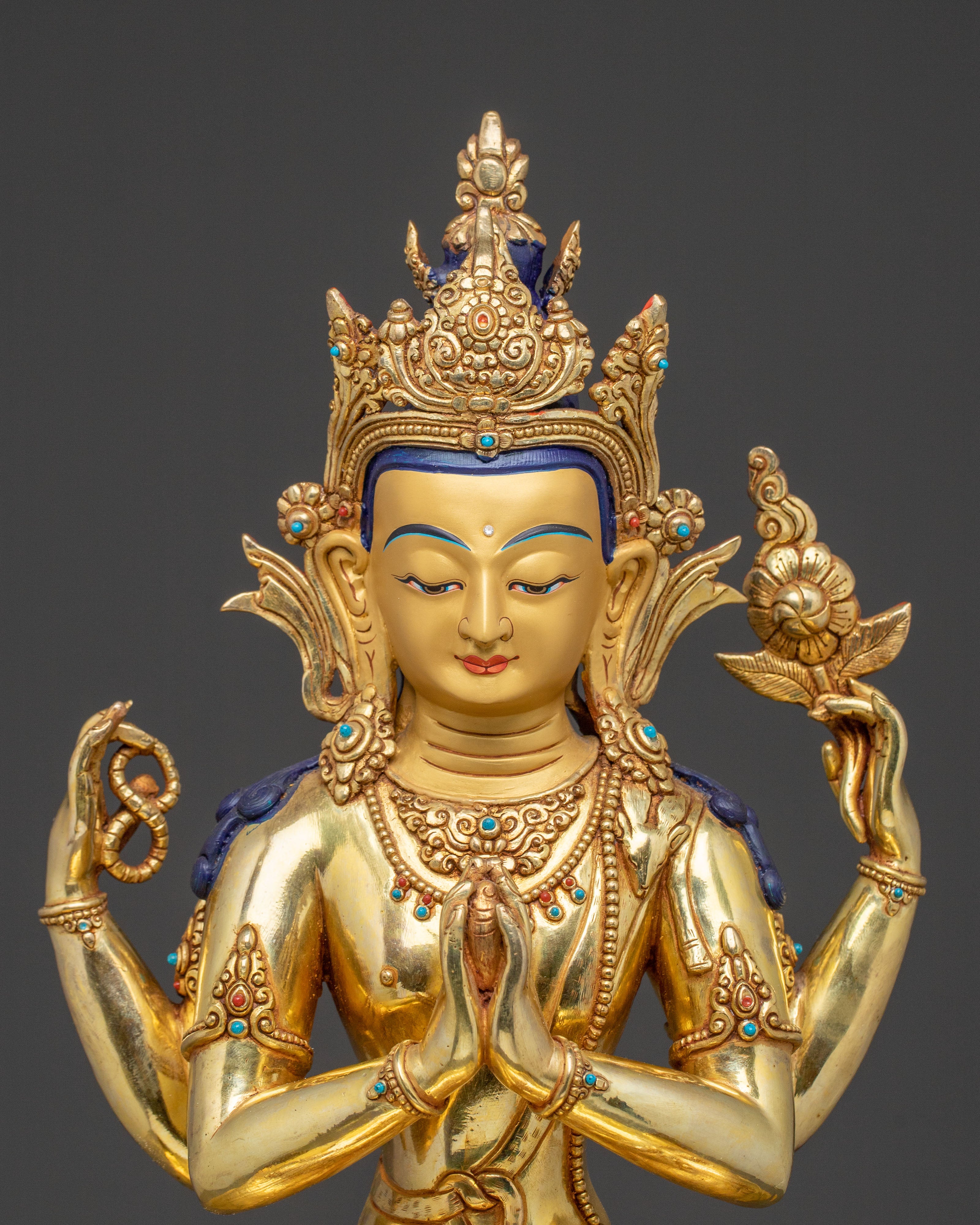 Sacred Statue of Chenrezig on Throne - Handcrafted Sacred Figure