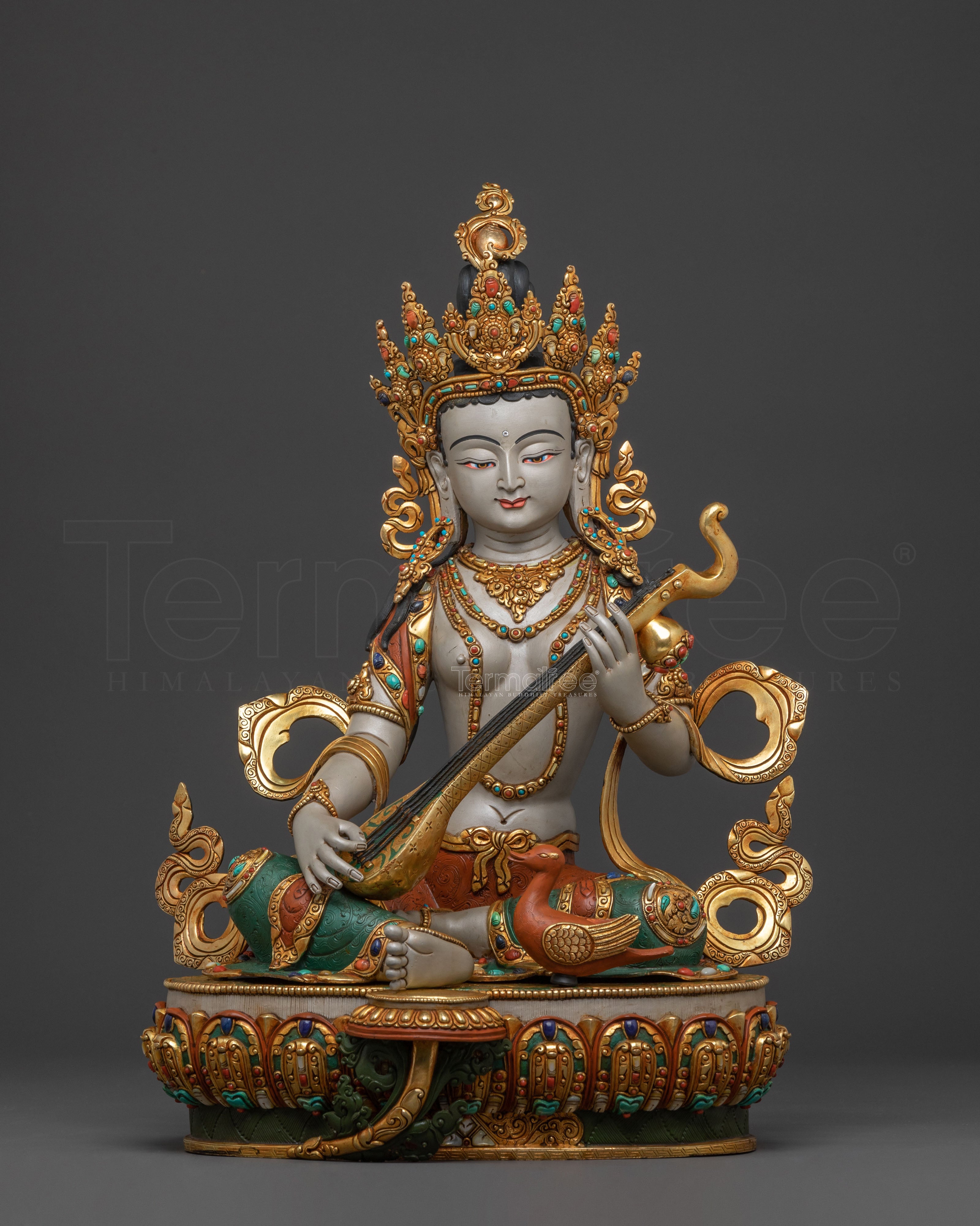 Saraswati Goddess of Knowledge Statue – 24K Gold Gilded Masterpiece