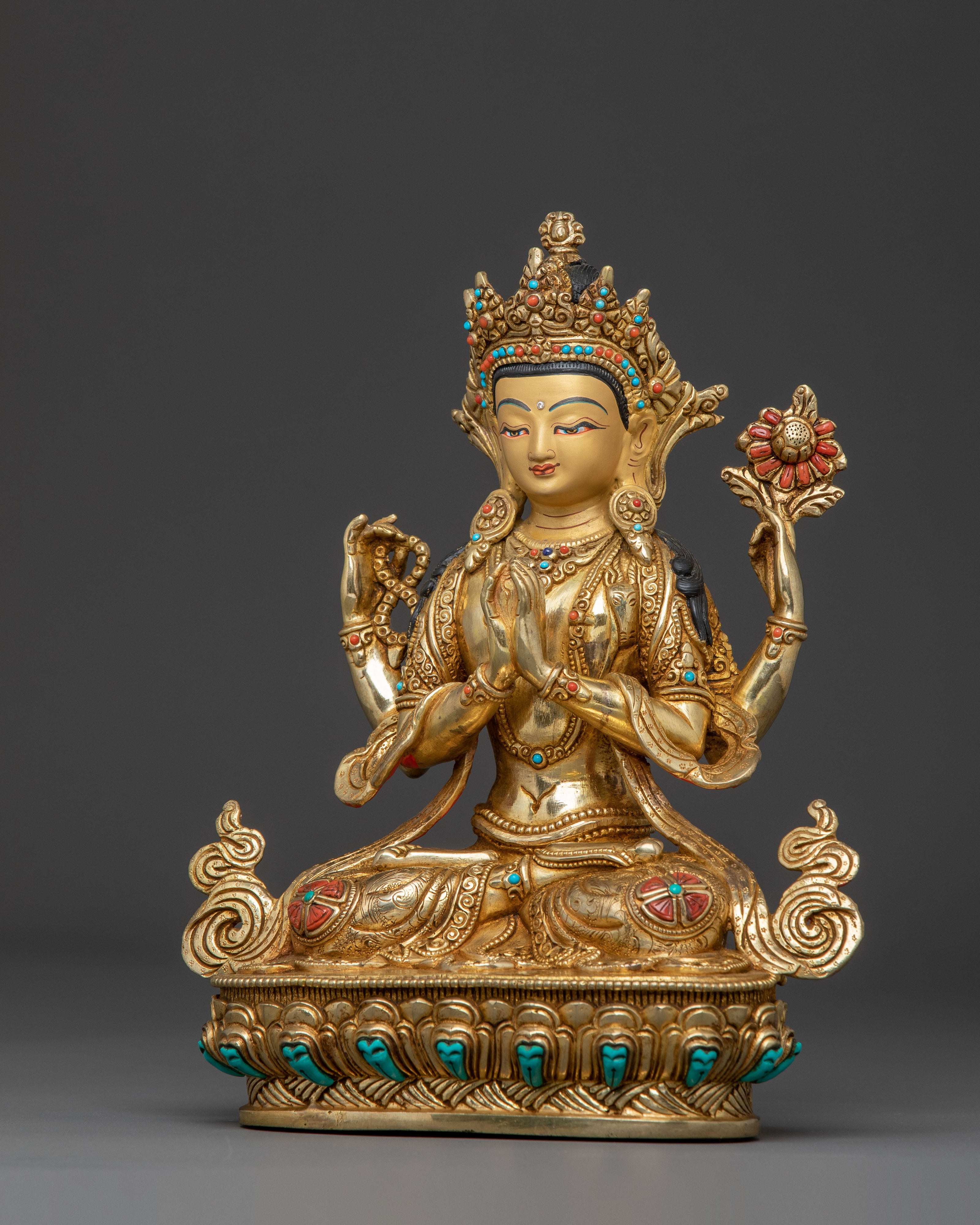 24k Gold Gilded and Copper Chenrezig Statue – Divine Compassion