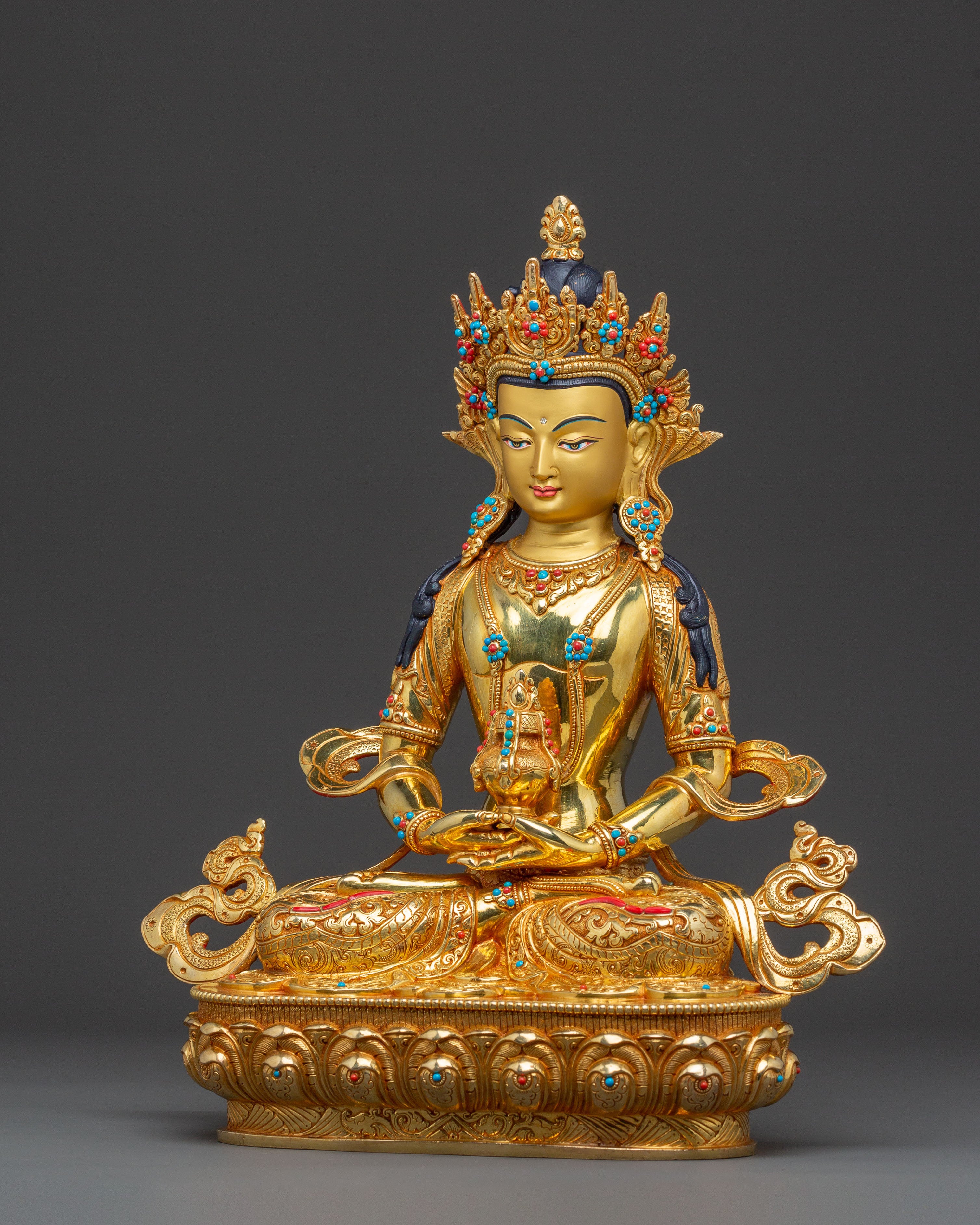 Handcrafted Amitayus Buddha Spiritual Statue - Masterpiece Gilded Copper