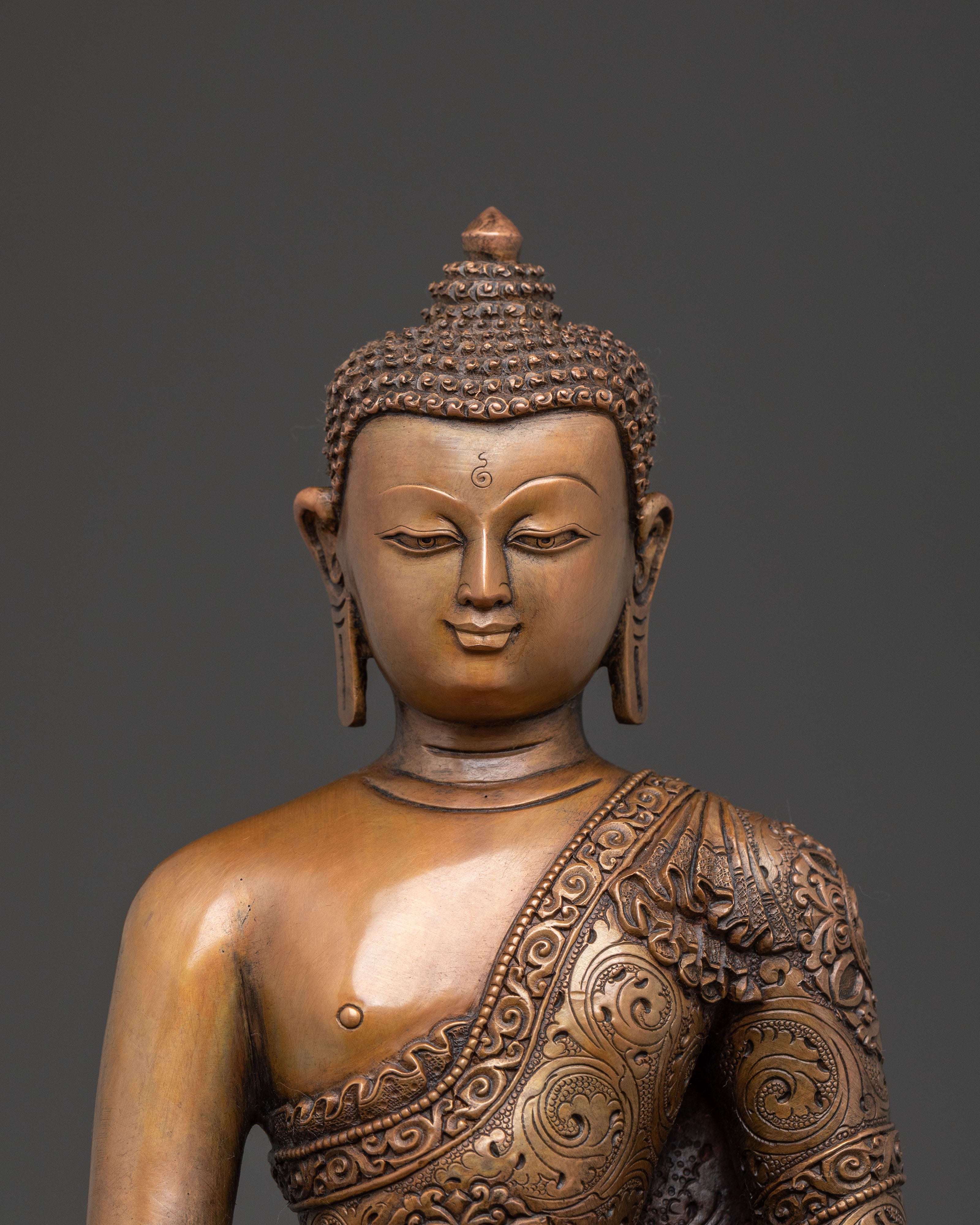 Handcrafted Copper Shakyamuni Buddha Statue - Artisanal Patina