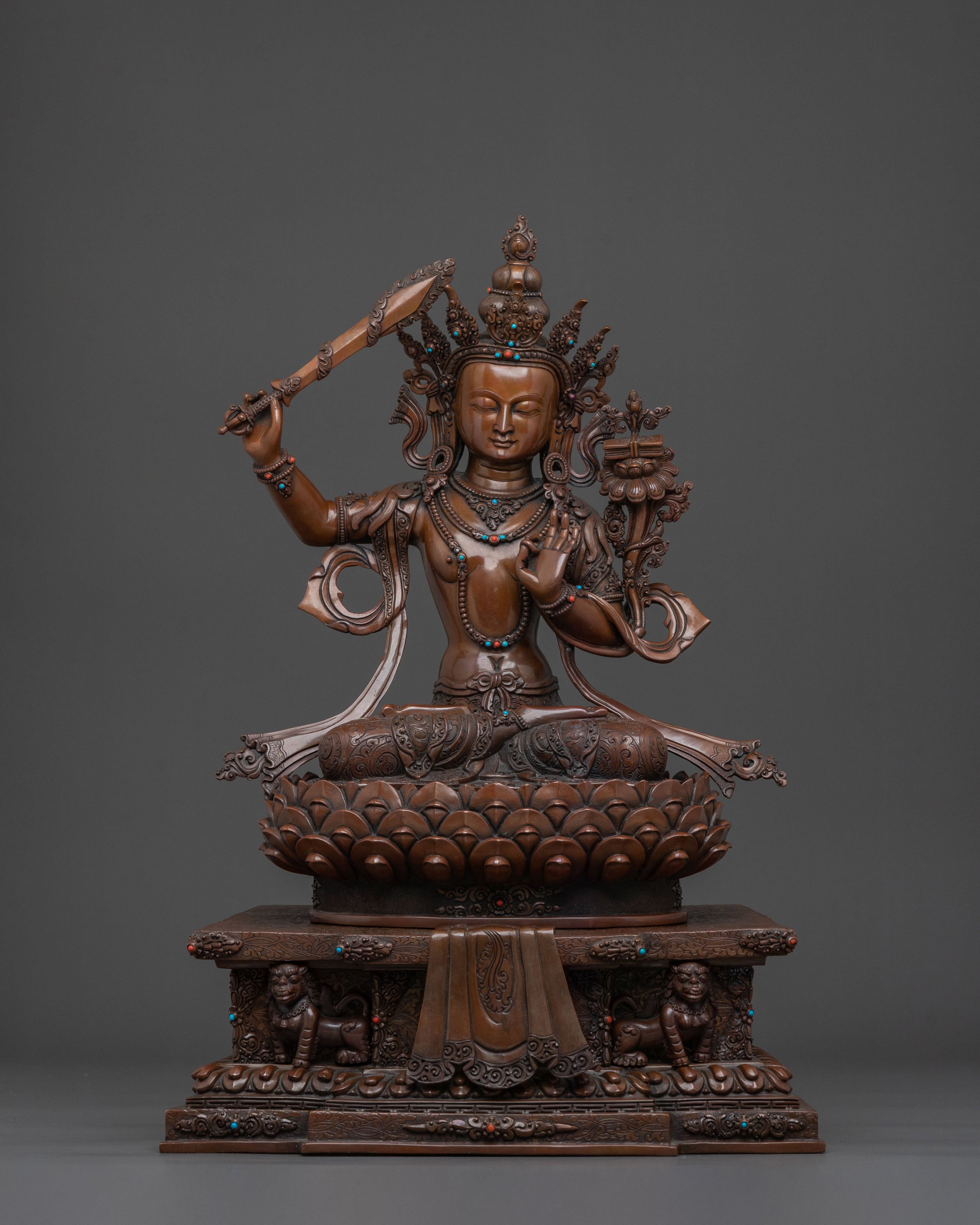 Manjushri Sculpture on Throne | Wisdom Deity with Flaming Sword