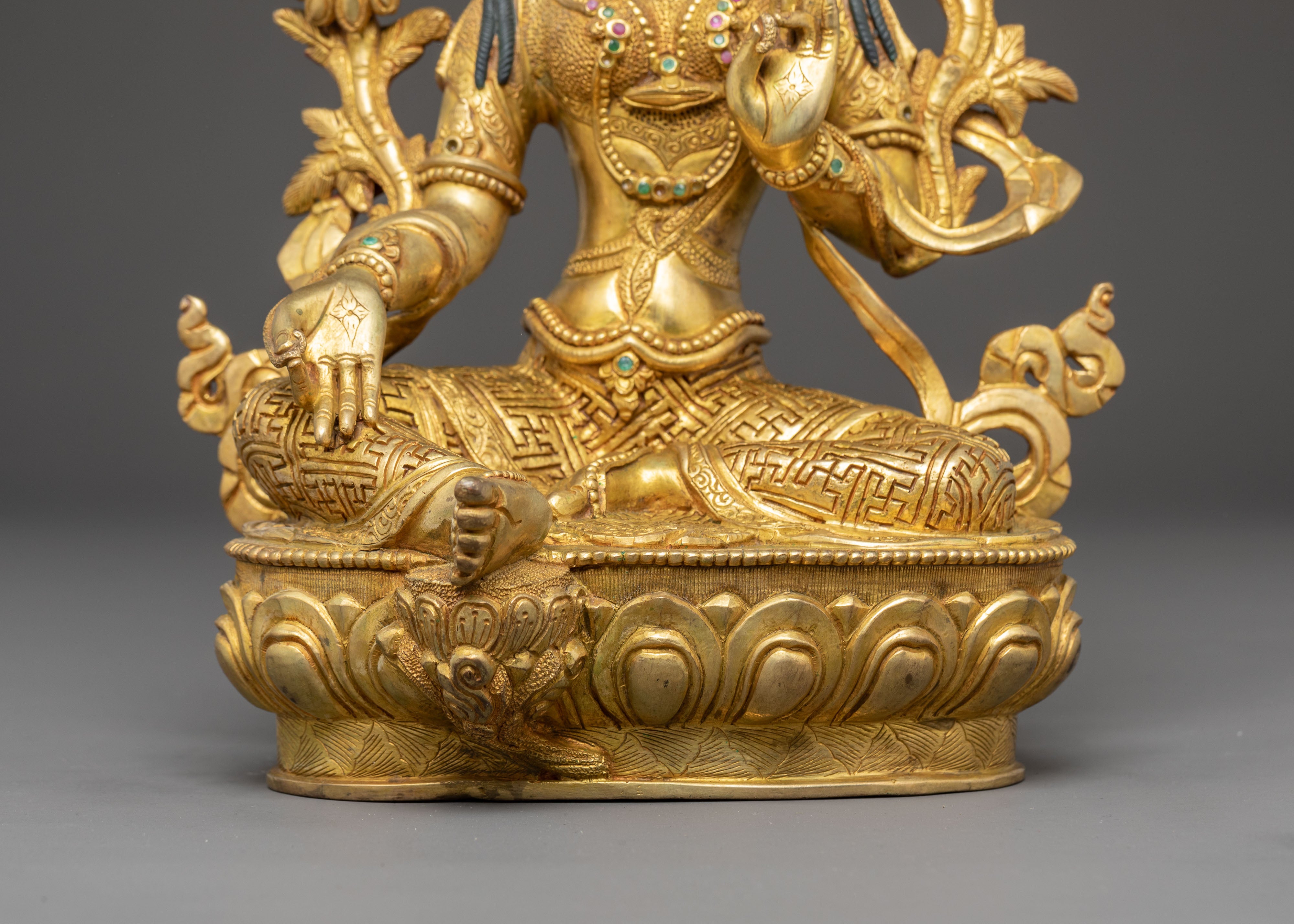 Handmade Green Tara Copper Body Statue | Spiritual Decor