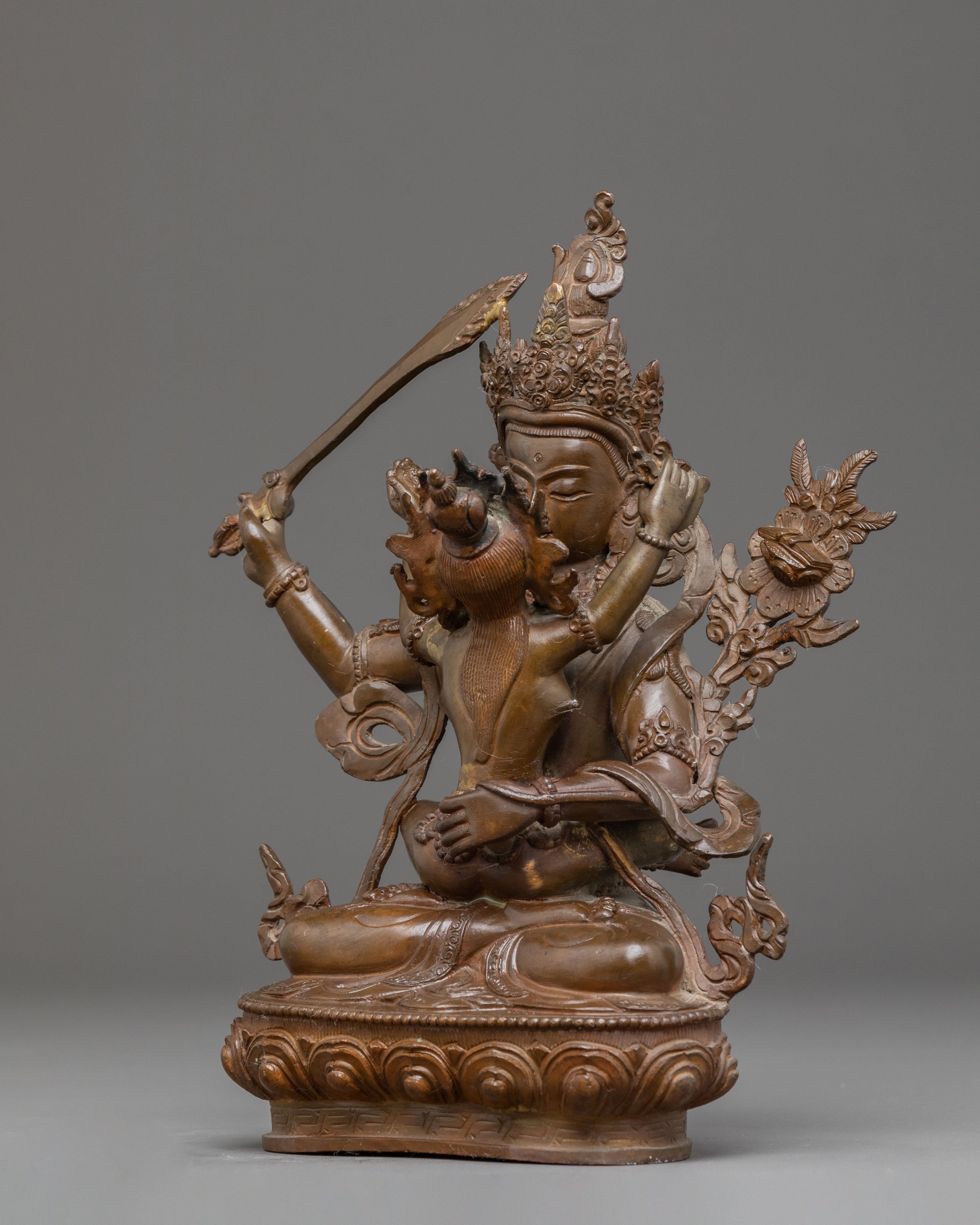Sacred Statue of Manjushri with Consort | Antique Oxidized Copper