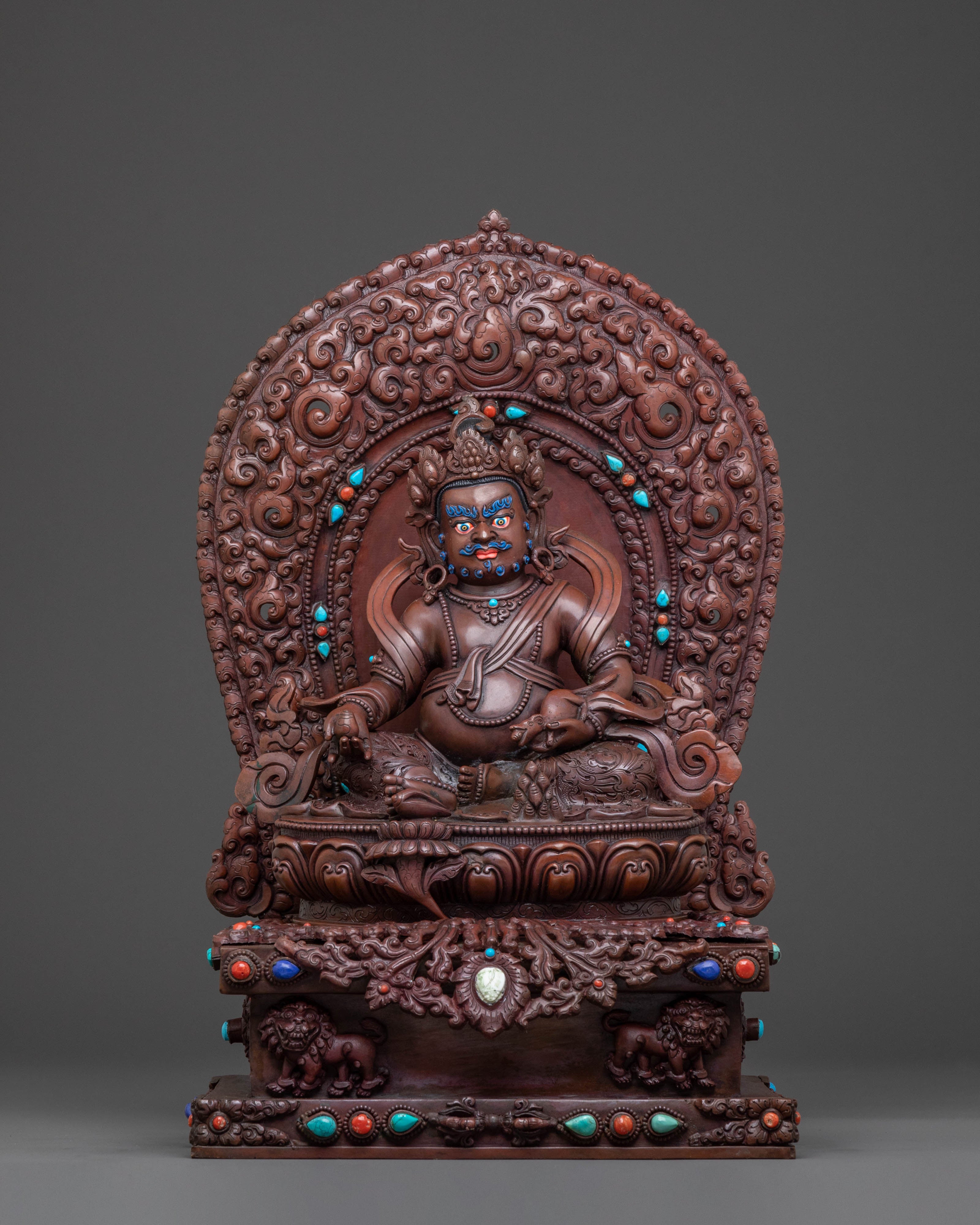 Dzambhala Sacred Statue with Throne - Oxidized Copper 