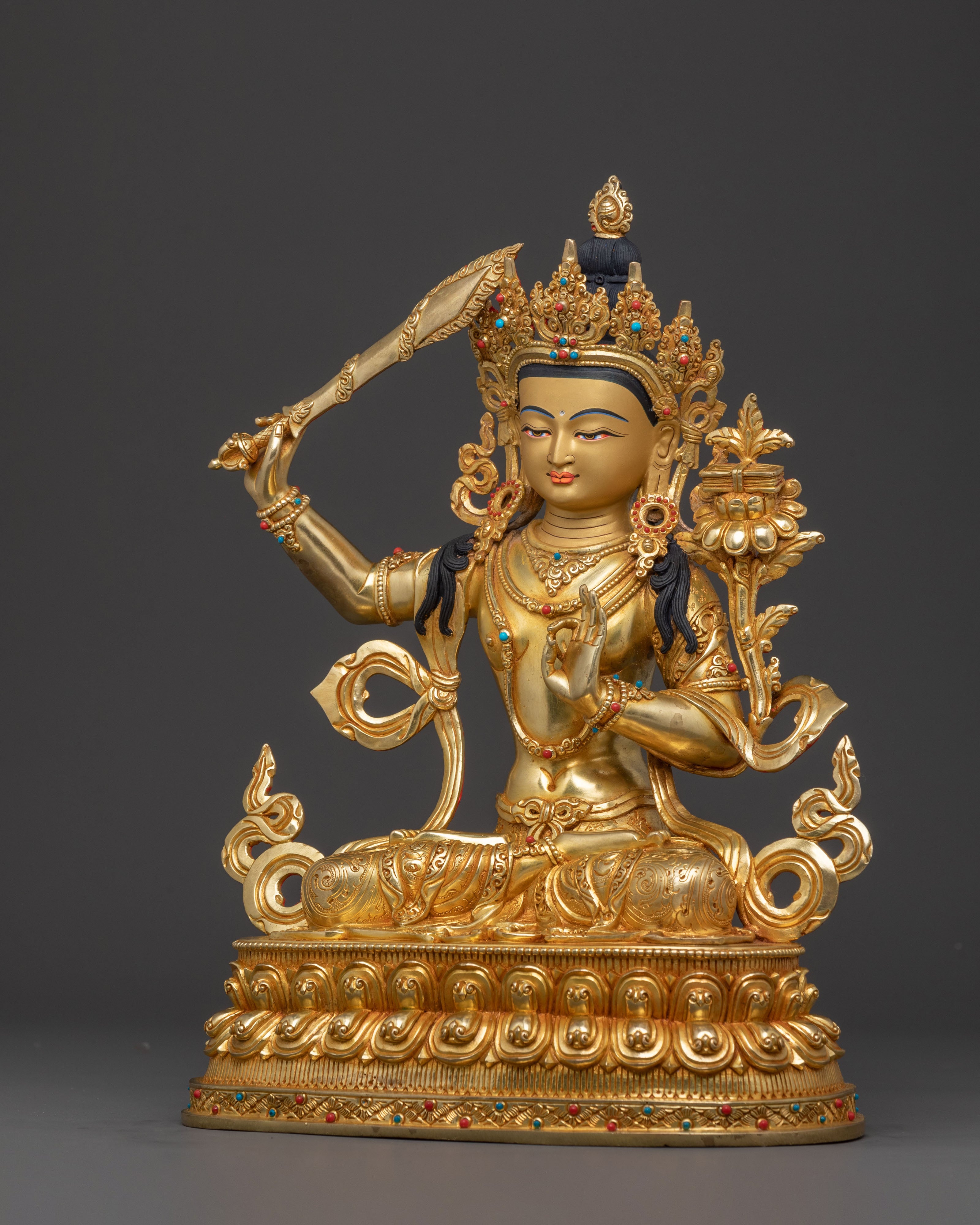 Bodhisattva Manjushri Handcrafted Statue: 24K Gold Gilded