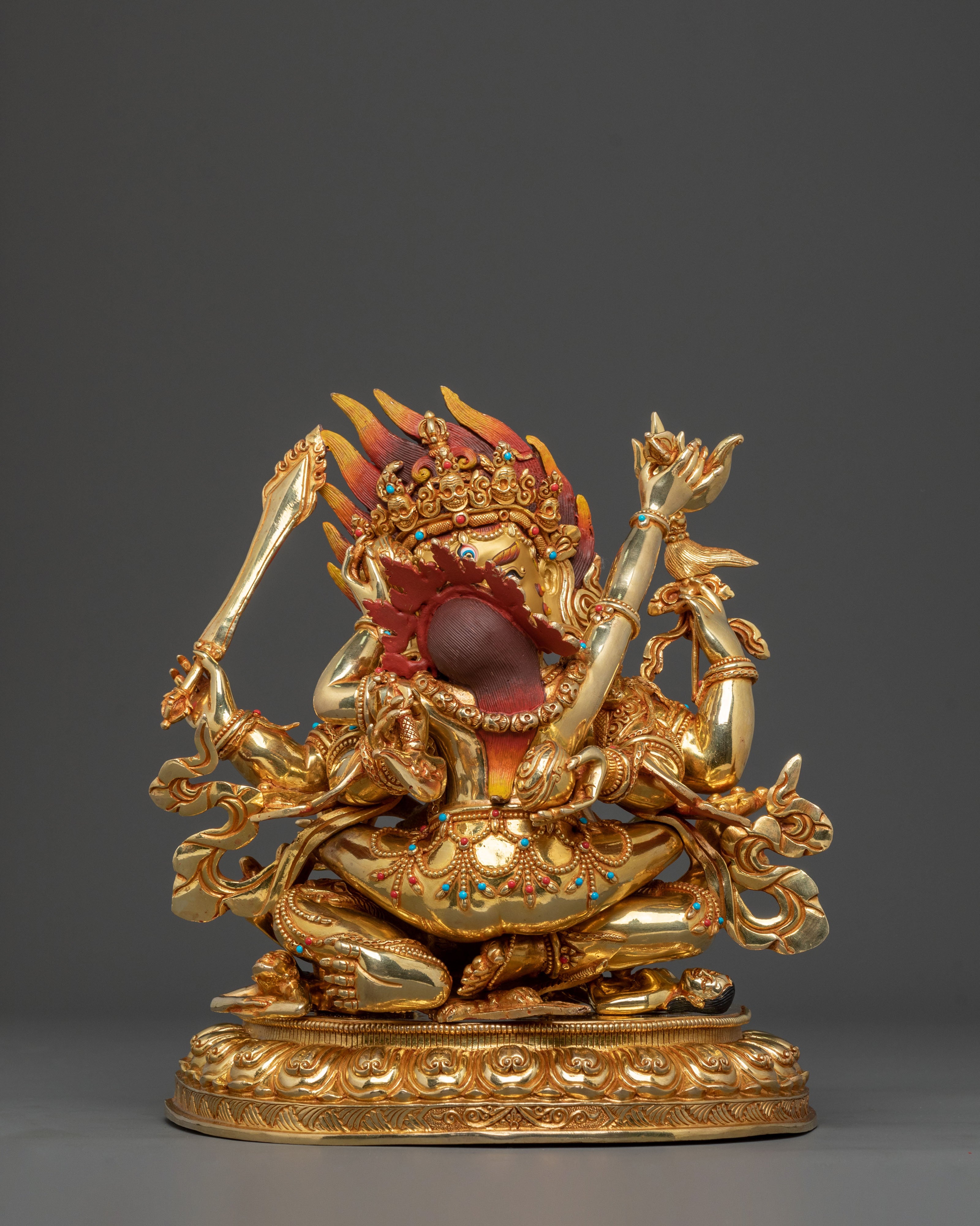 Chaturbhuja Mahakala Statue with Consort | Golden Figure