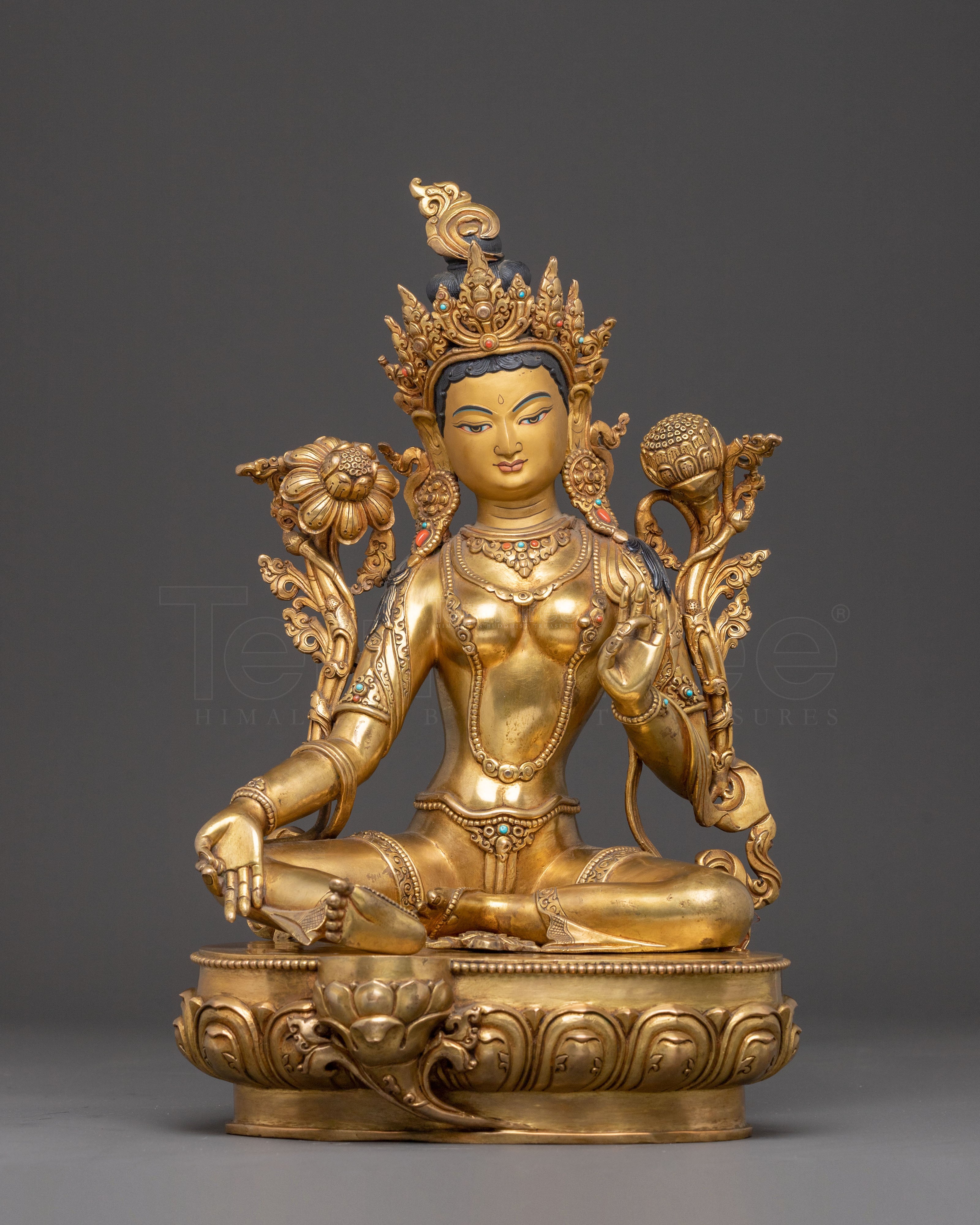 Handcrafted Green Tara Golden Statue | Goddess of Compassion
