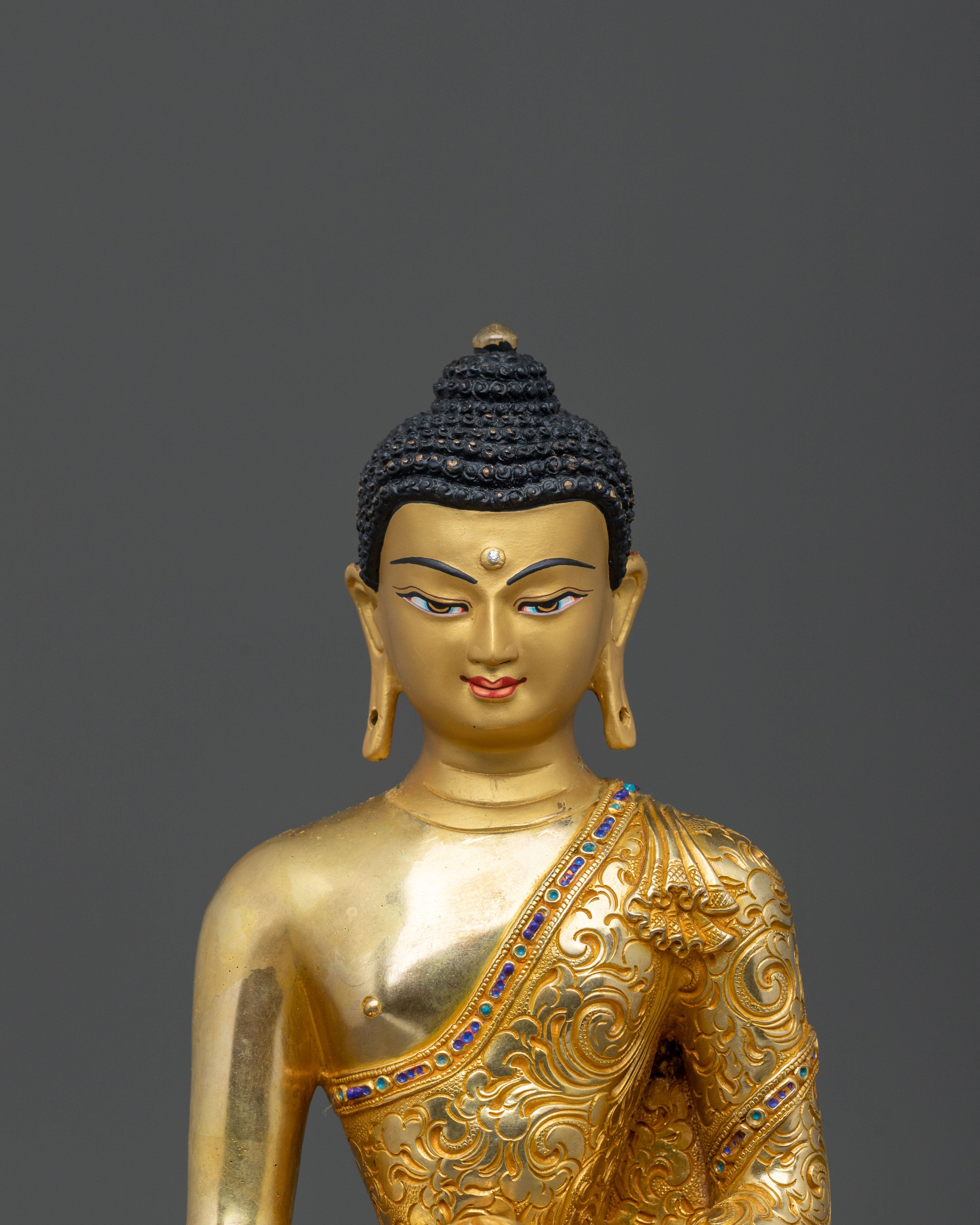 Handcrafted Crown Shakyamuni Buddha Spiritual Sculpture in 24K Gold