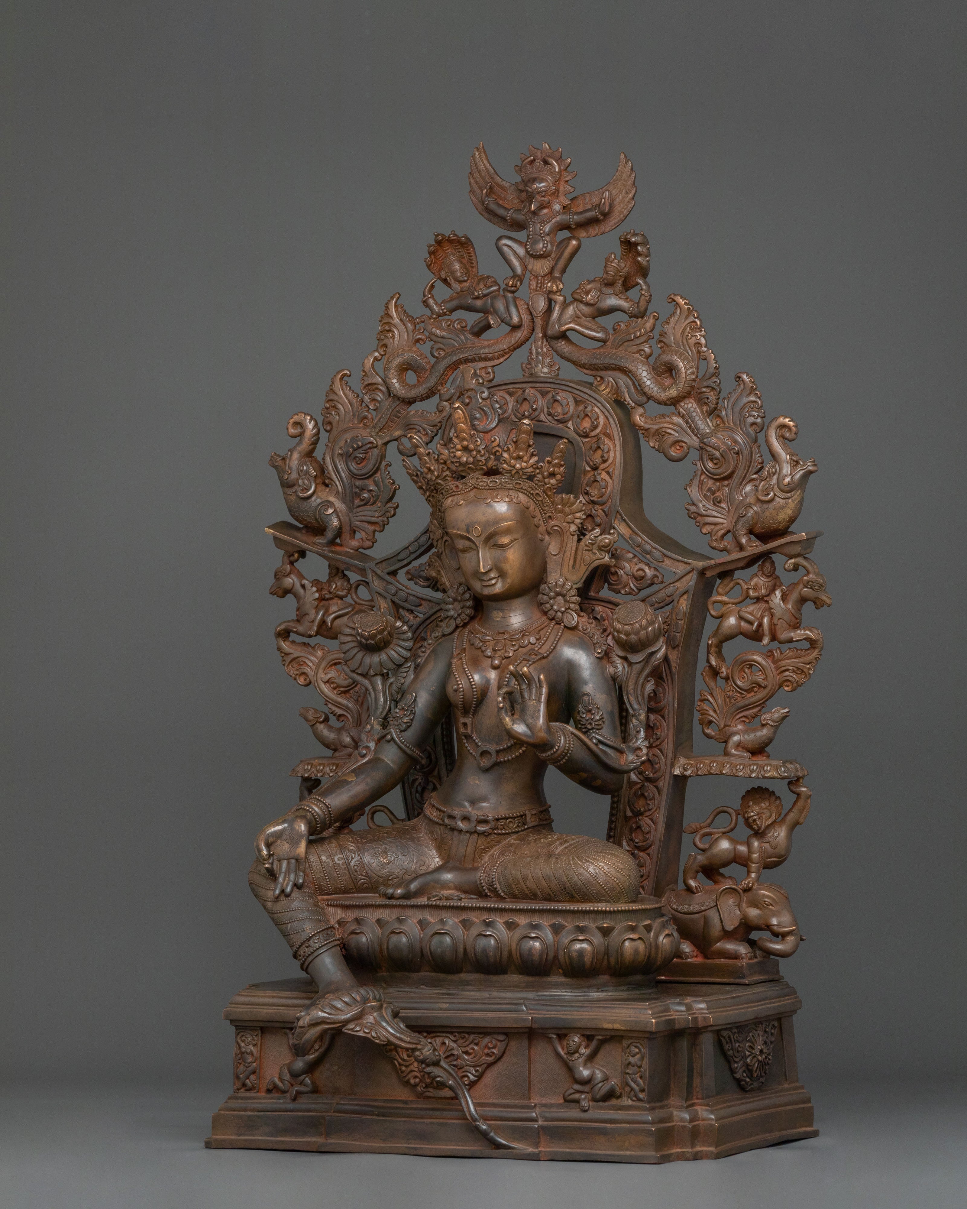 Green Tara Statue On Throne | Goddess of Protection