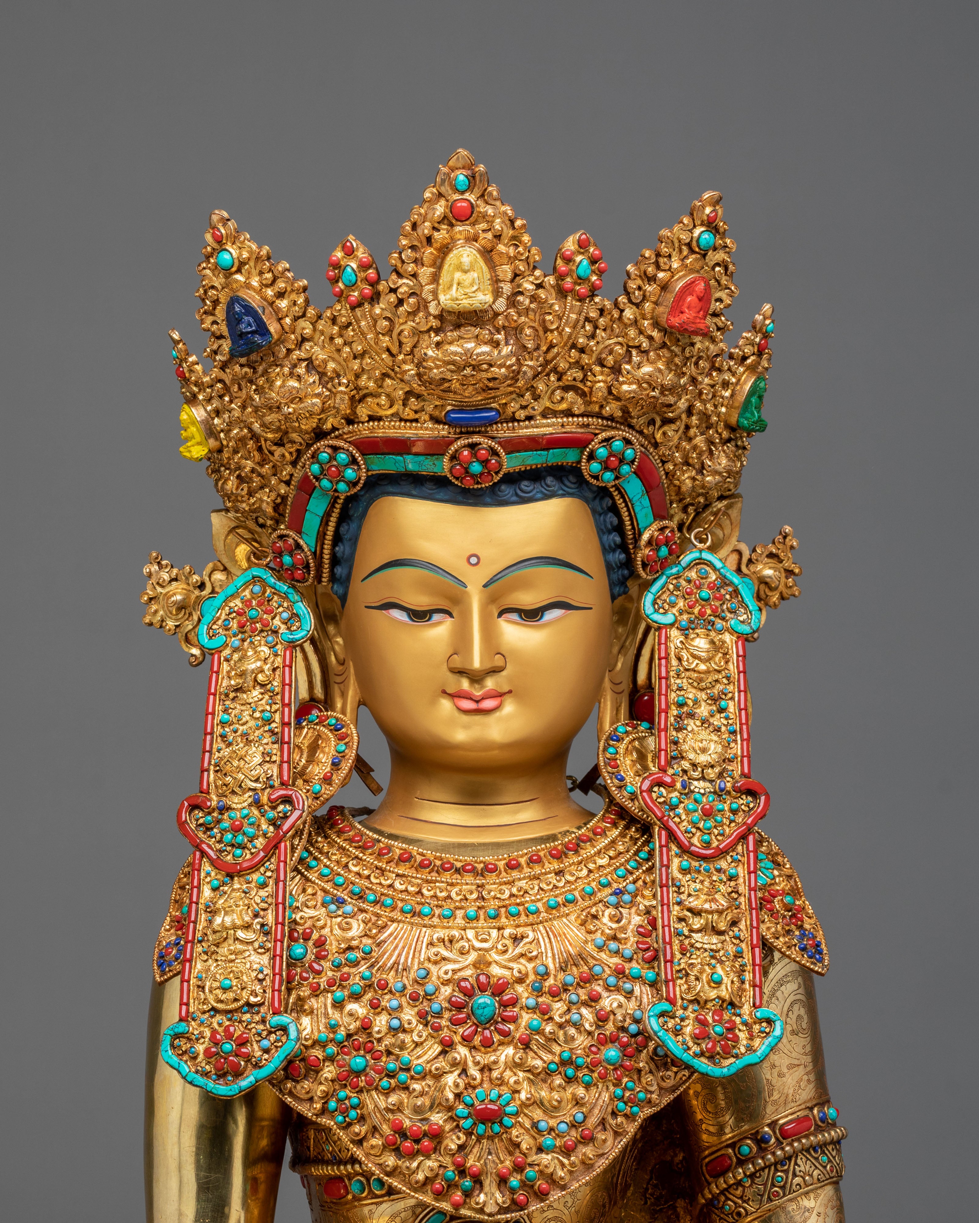 Crown Shakyamuni Buddha on Throne | Exquisite 24K Gilded Figurine