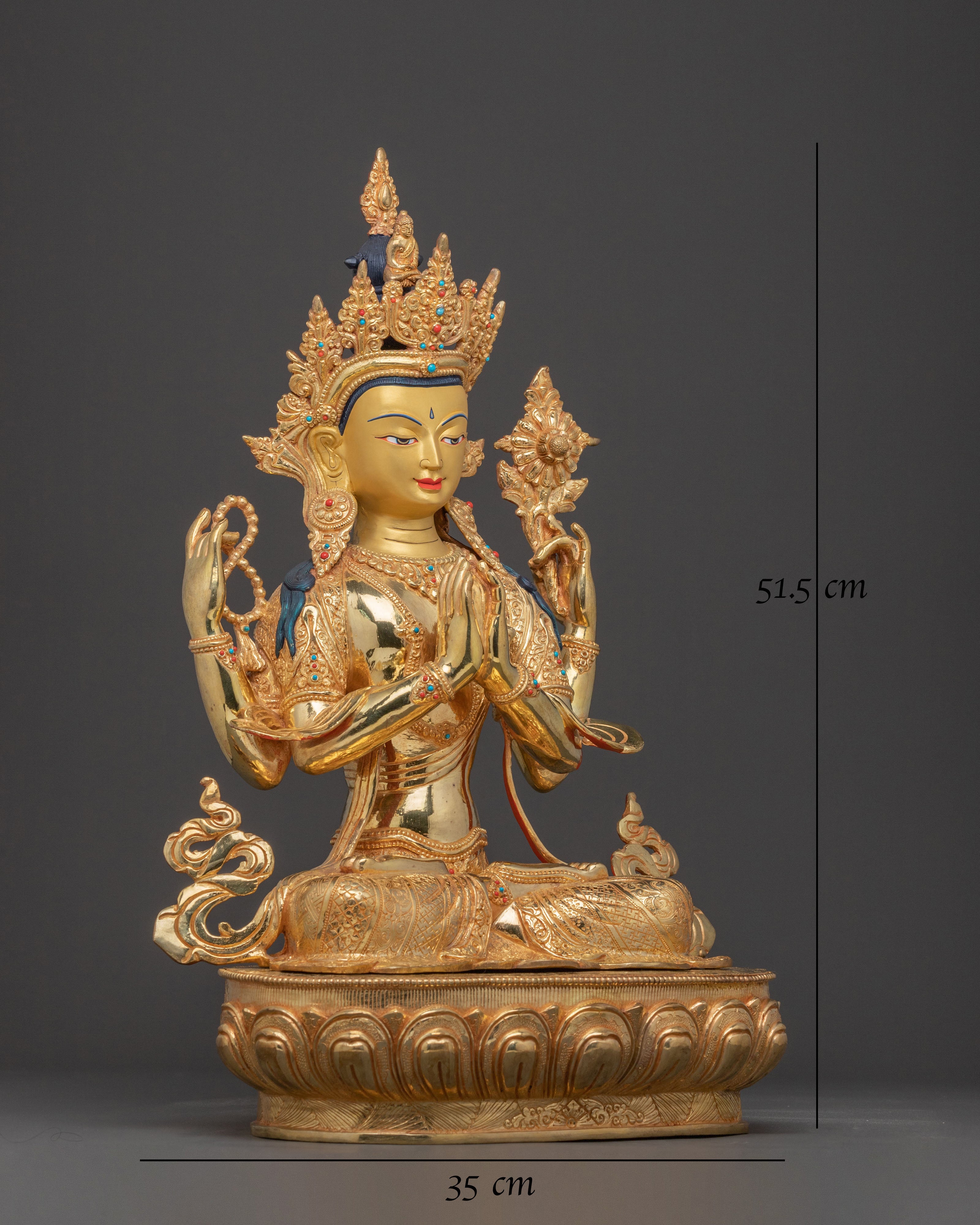 Chenrezig Mercy Bodhisattva Statue – Gilded Copper & Gemstone Art